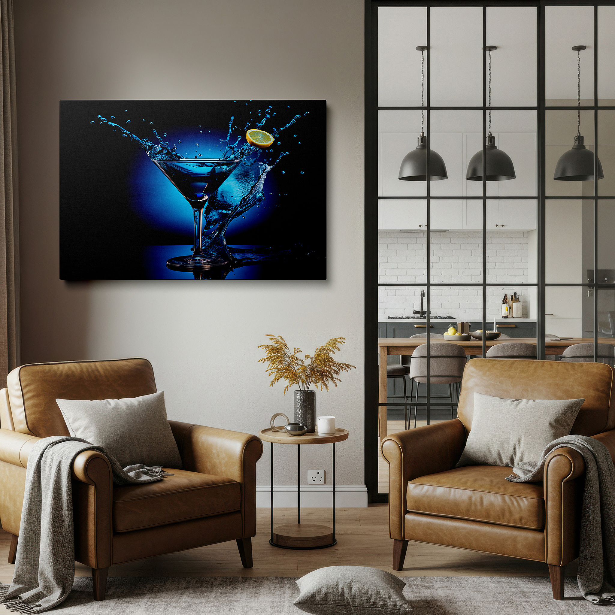 Displayed above a contemporary leather sofa in warm light — celebrating cocktail culture: martini glass splash on vibrant blue background - large canvas wall art for office decor