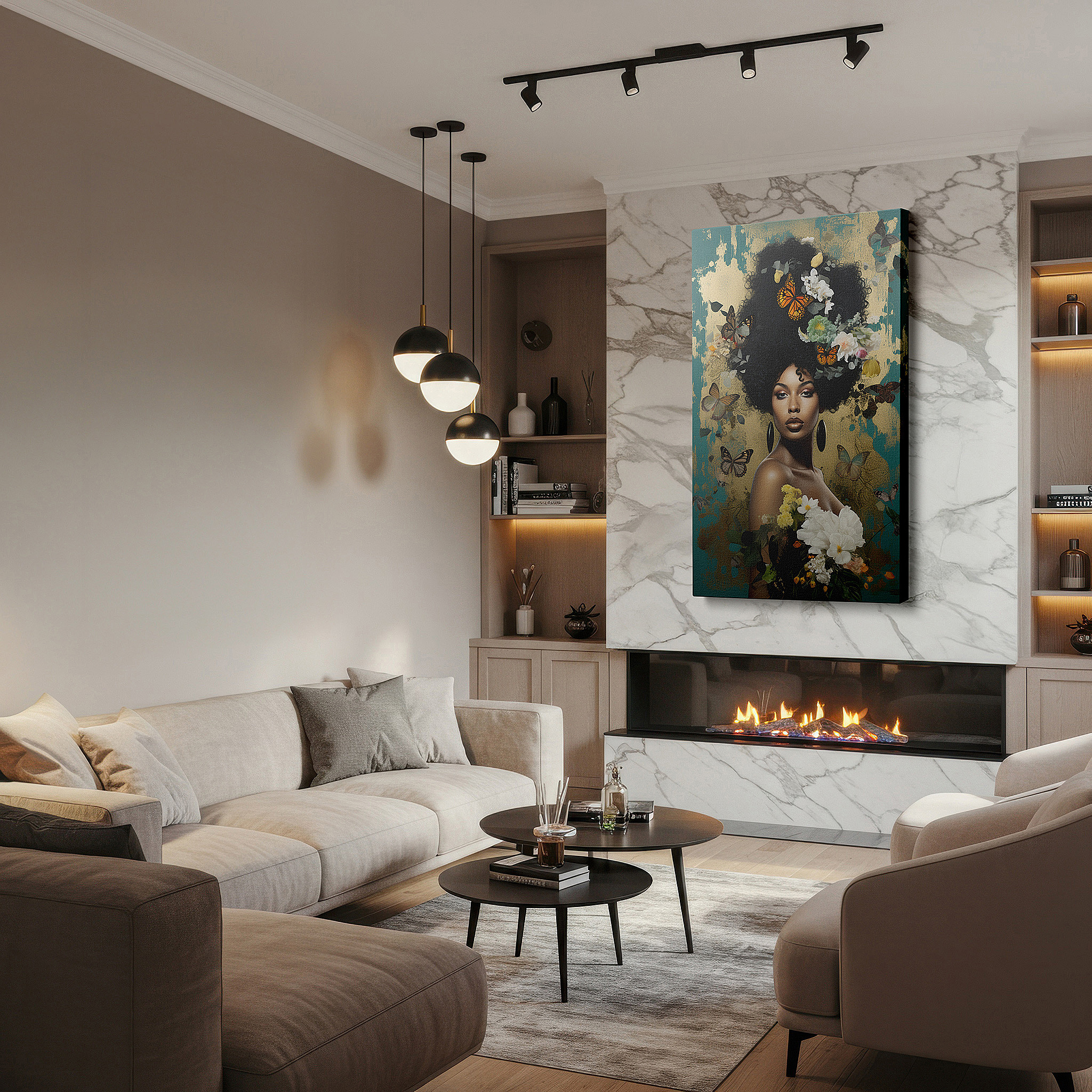 Displayed above a contemporary leather sofa in warm light — a celebration of change and the natural world: exploring the connection between humans and nature through large wall art, canvas wall art, and wall decor