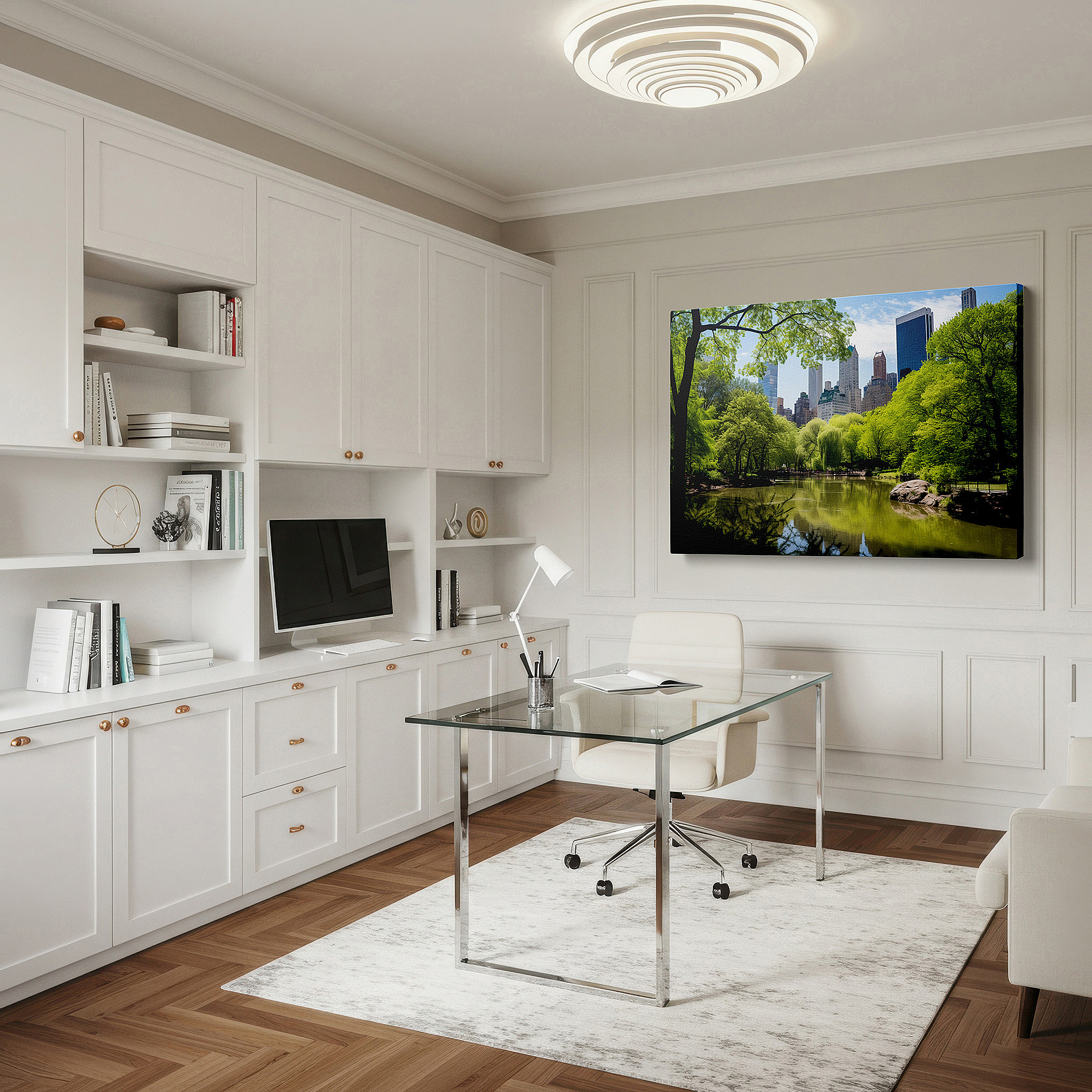 Displayed above a contemporary leather sofa in warm light — central park oasis wall art: experience the serenity of nature against new york's city skyline - large canvas art for home and office decor