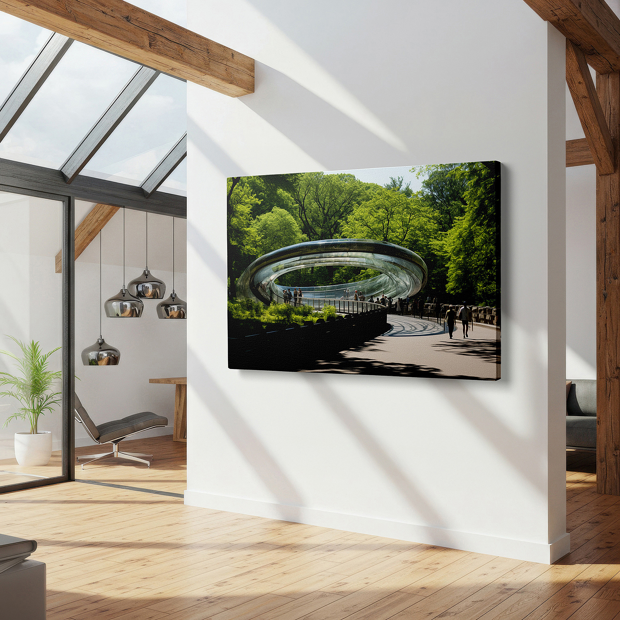 Displayed above a contemporary leather sofa in warm light — central park wall art: a perfect blend of nature and urban creativity, ideal for home and office decor, available as large canvas prints for living rooms and bedrooms.
