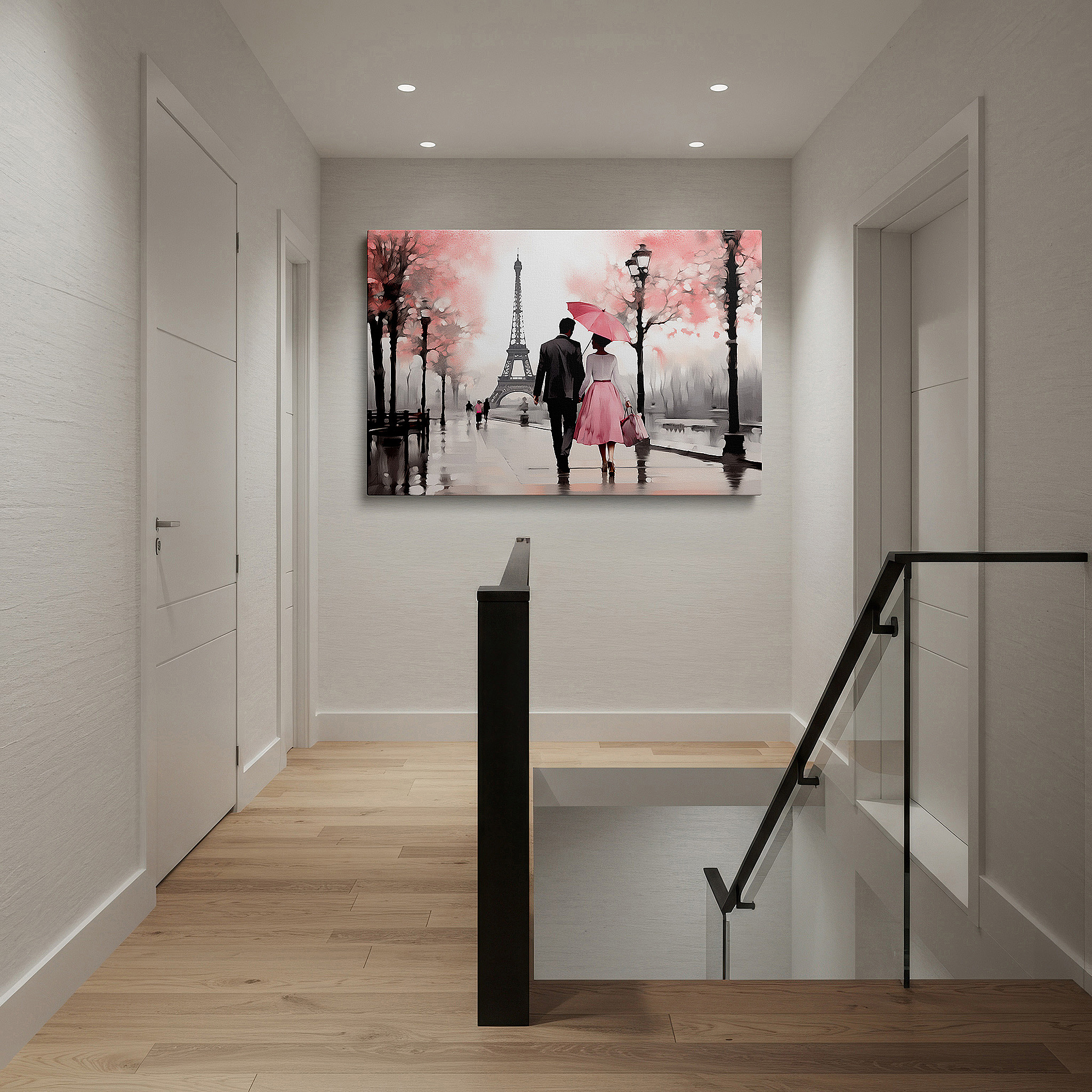 Displayed above a contemporary leather sofa in warm light — cherry blossoms and eiffel tower romantic stroll large canvas wall art for office, bedroom, and living room decor