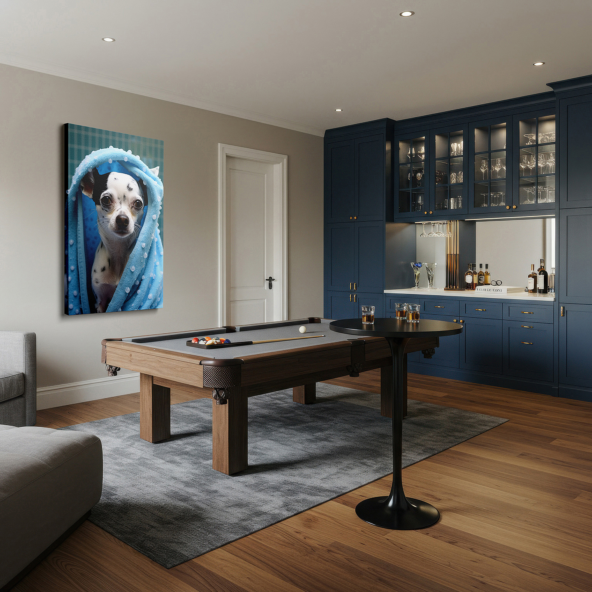 Displayed above a contemporary leather sofa in warm light — chihuahua in a blue towel wall art: cozy and charming large canvas for home and office decor