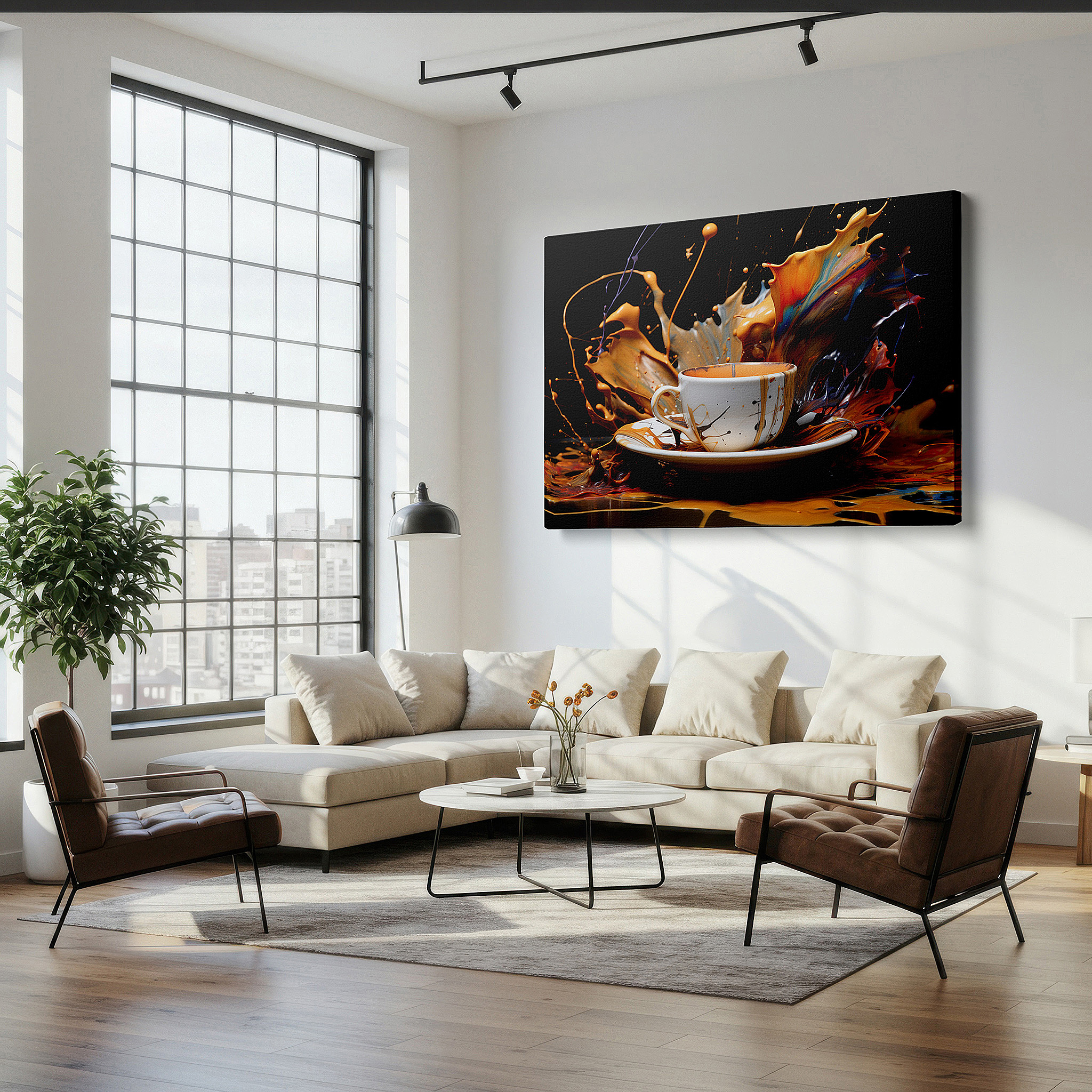 Displayed above a contemporary leather sofa in warm light — coffee splash art in warm tones: large canvas wall art for office, bedroom, and living room decor