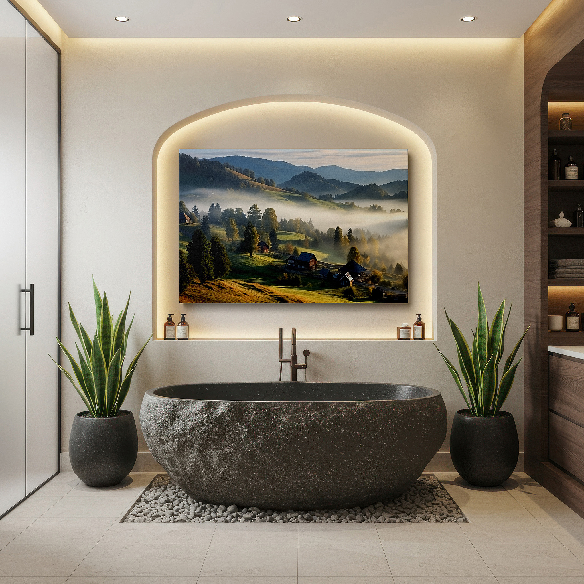 Displayed above a contemporary leather sofa in warm light — dawn's embrace: misty mountain village large wall art, canvas decor for office, bedroom, and living room