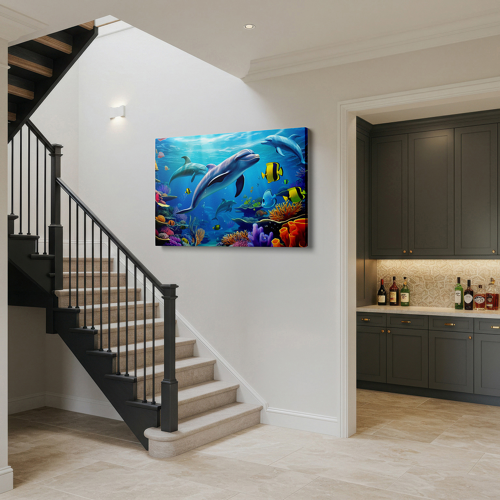 Displayed above a contemporary leather sofa in warm light — dolphin and coral reef wall art - tranquil underwater symphony - large canvas for home and office decor