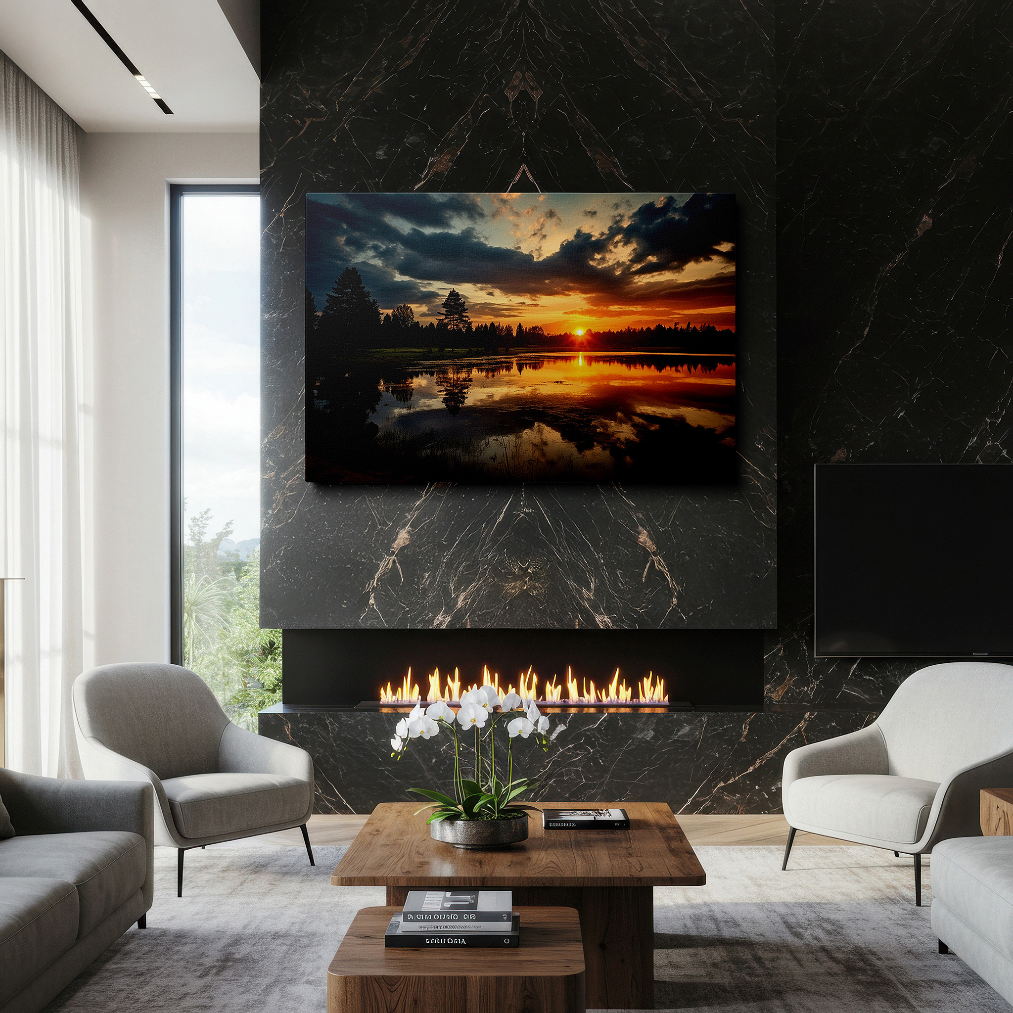 Displayed above a contemporary leather sofa in warm light — dramatic sunset over reflective pond surrounded by lush trees large wall art, canvas wall art, wall decor for office, bedroom, and living room