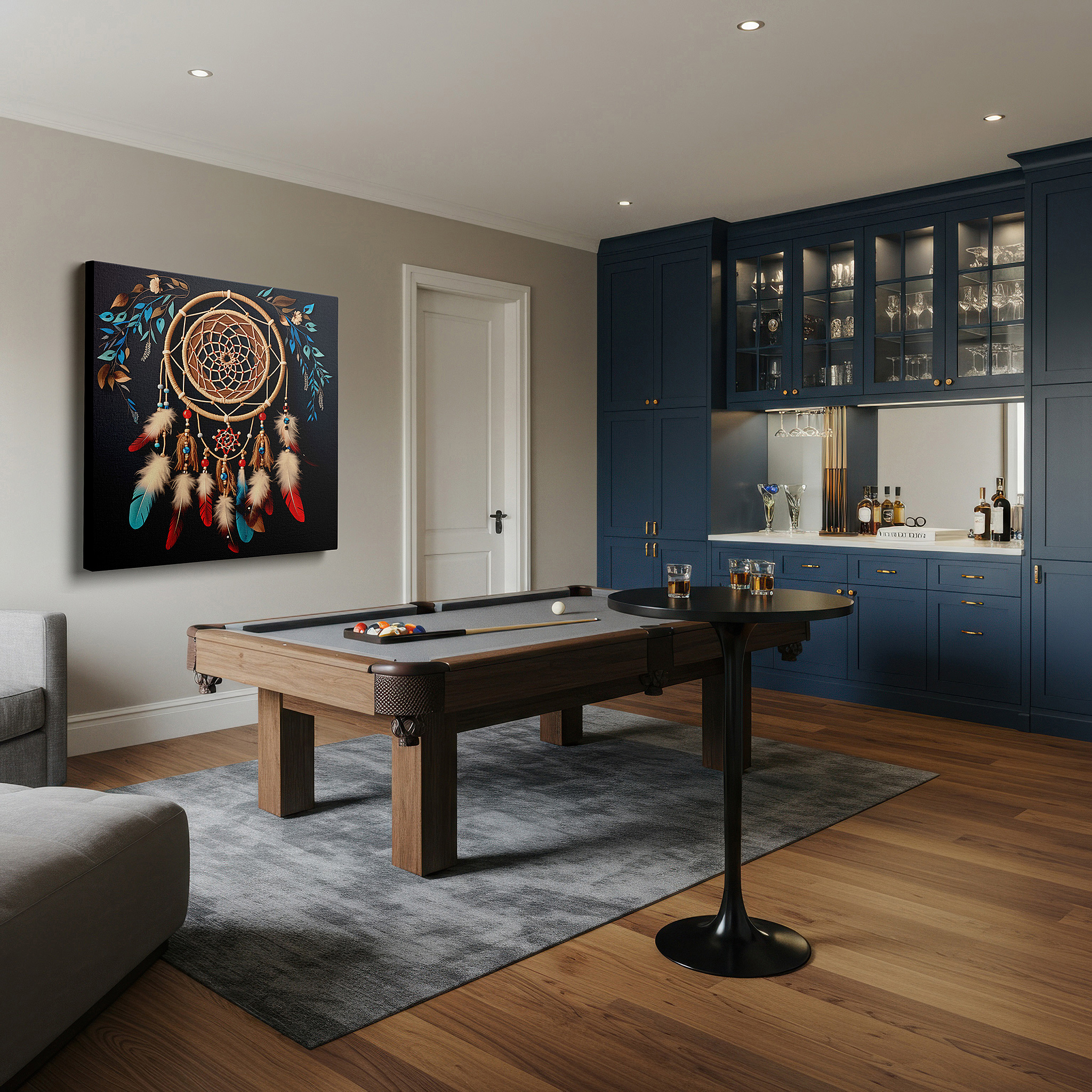 Displayed above a contemporary leather sofa in warm light — dreamcatcher wall art for bedroom: a masterpiece of protection and vibrant tradition. large canvas wall decor for office and bedroom.