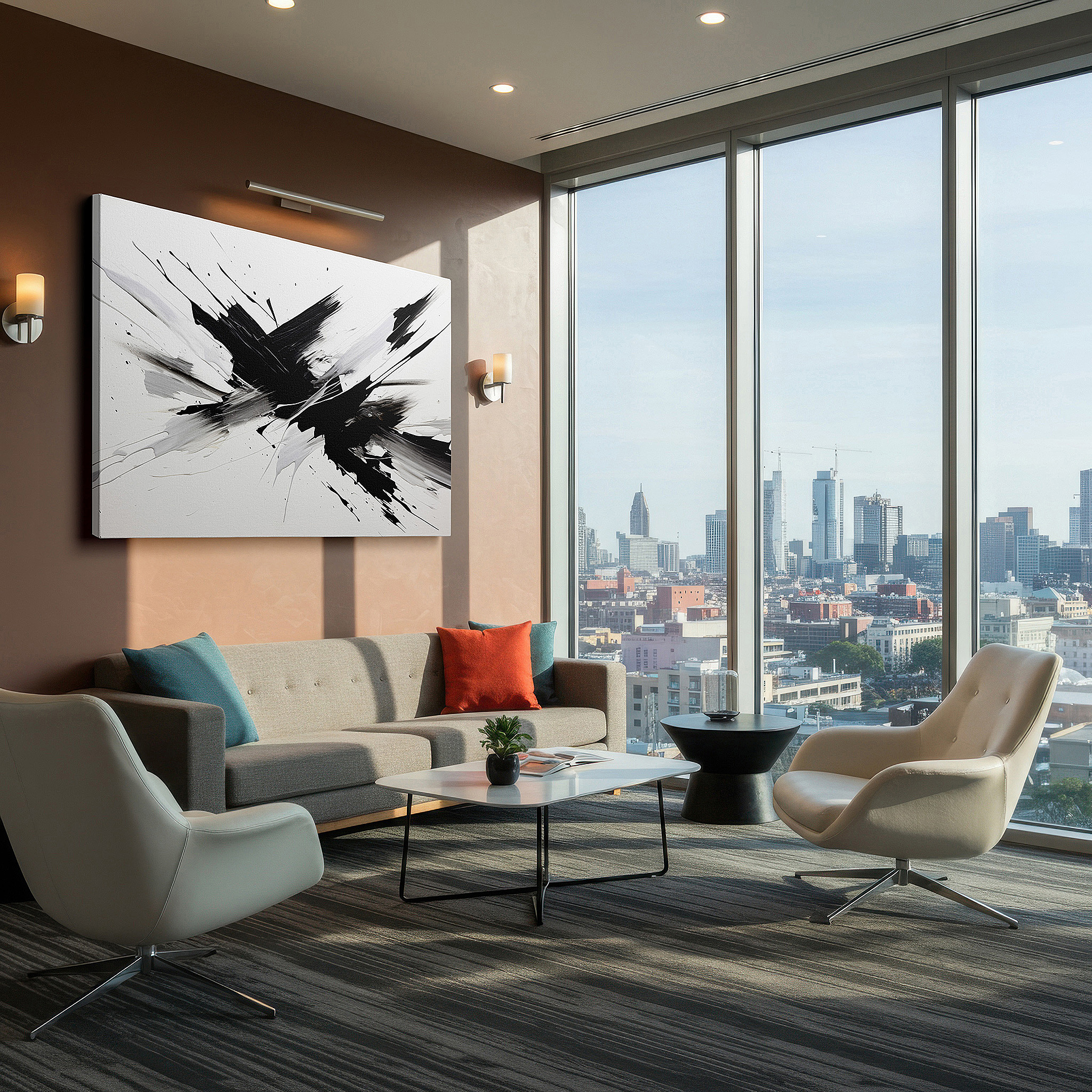 Displayed above a contemporary leather sofa in warm light — dynamic black and white abstract expressionism artwork, embodying emotional turmoil and motion, ideal for large wall decor, canvas art for home and office