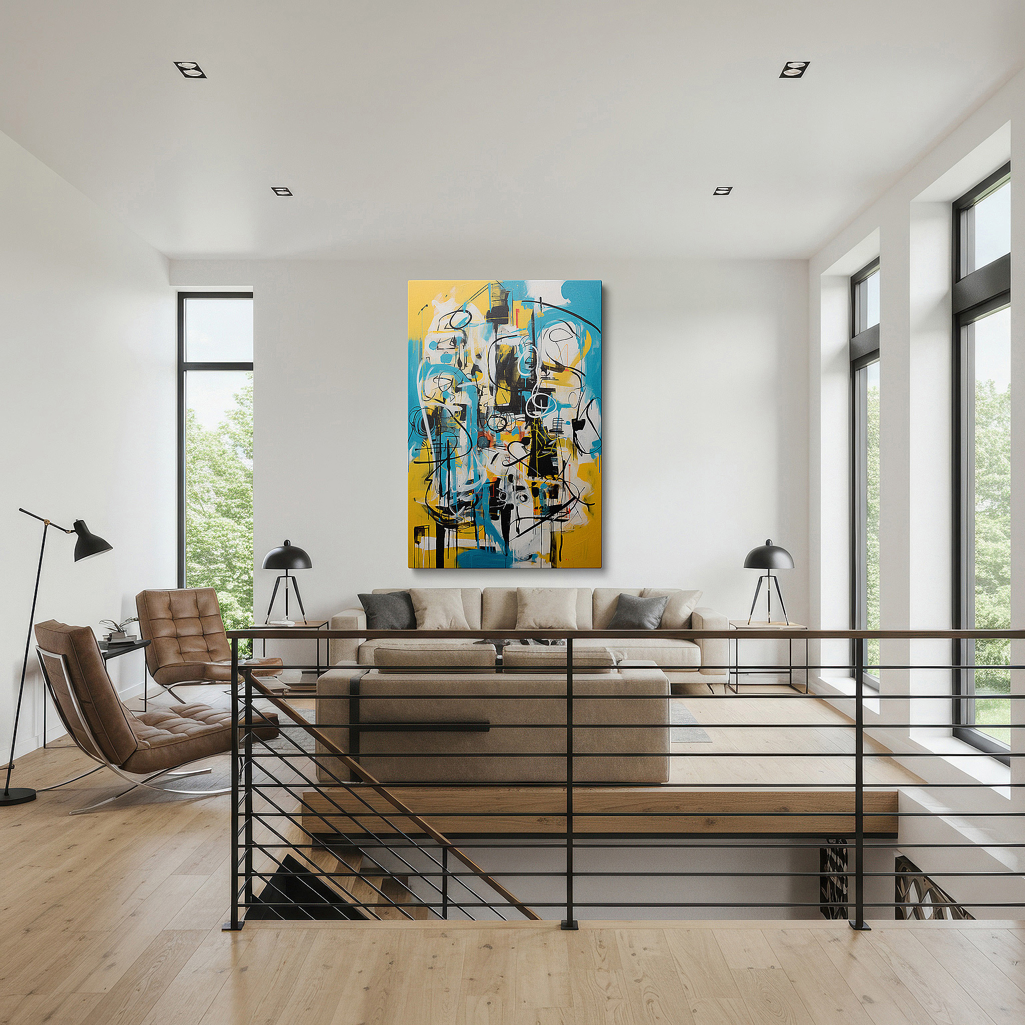 Displayed above a contemporary leather sofa in warm light — dynamic blue and yellow swirls: a vivid dance of chaos and harmony - large canvas wall art for office and bedroom decor
