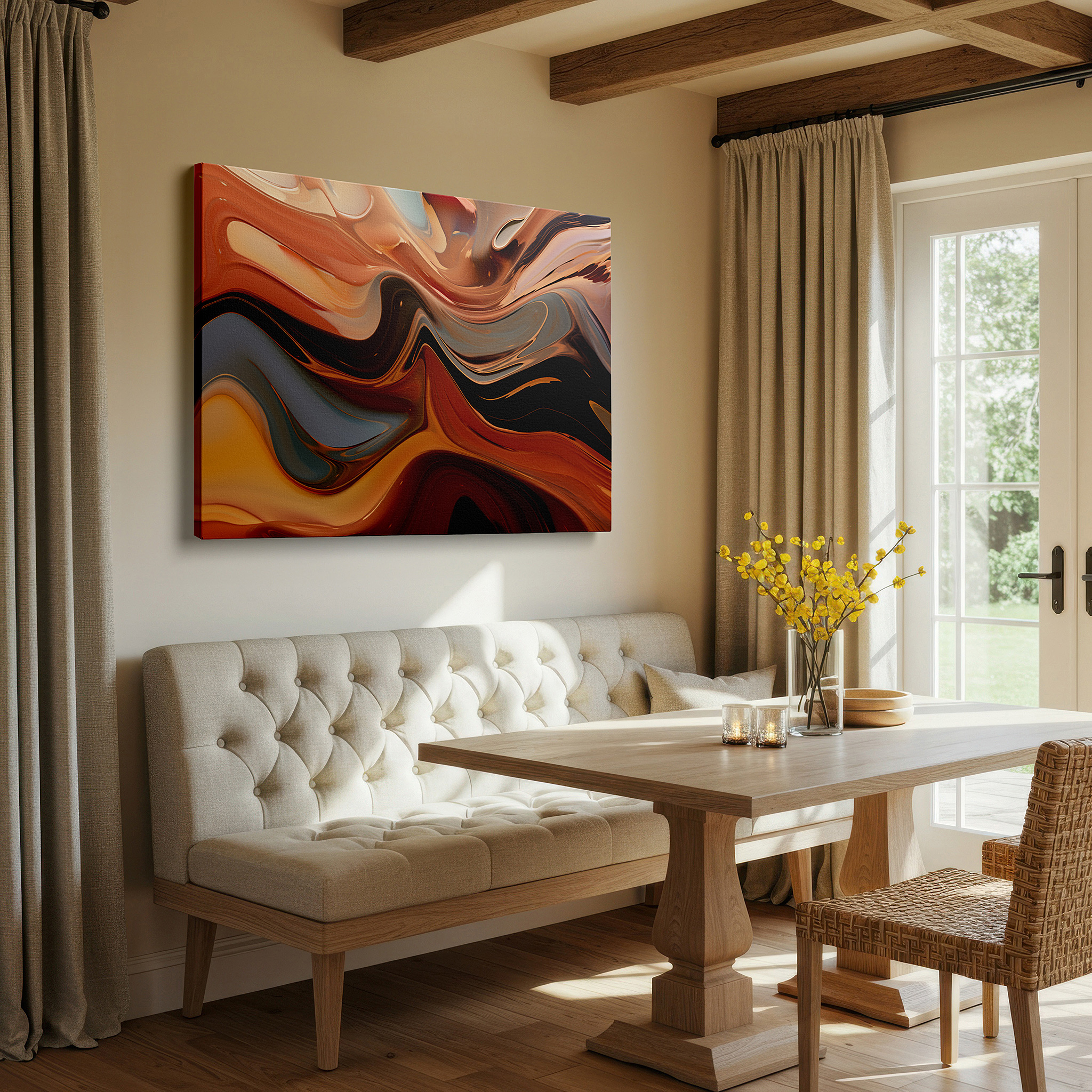 Displayed above a contemporary leather sofa in warm light — dynamic waves and earthy tones embody movement in this abstract masterpiece: large wall art, canvas wall art, wall decor for offices