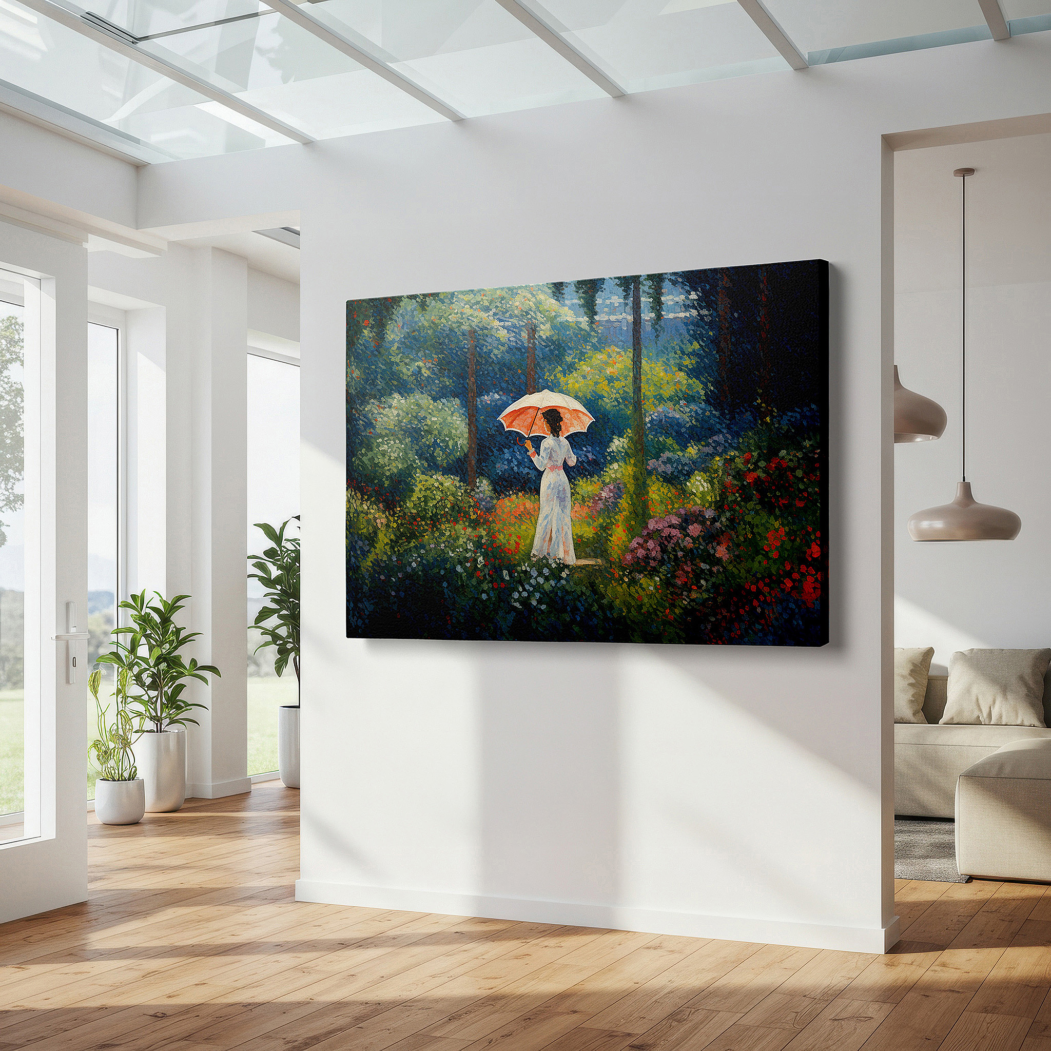 Displayed above a contemporary leather sofa in warm light — elegant lady in verdant garden with sunlit umbrella, oversized wall art, canvas decor for office, bedroom, and living room