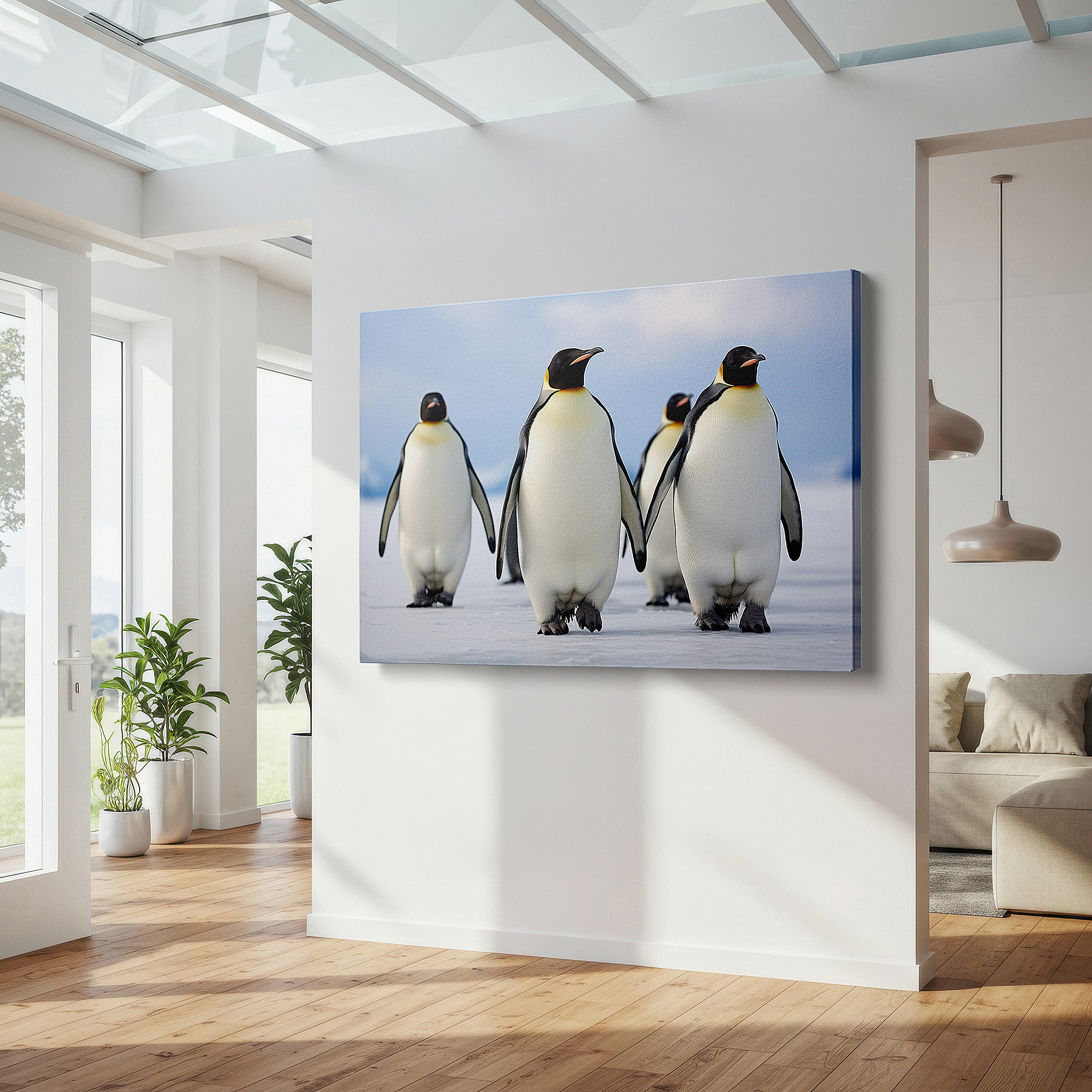 Displayed above a contemporary leather sofa in warm light — emperor penguins canvas print: large wall art for office, bedroom, and living room decor, featuring antarctica's icy landscape