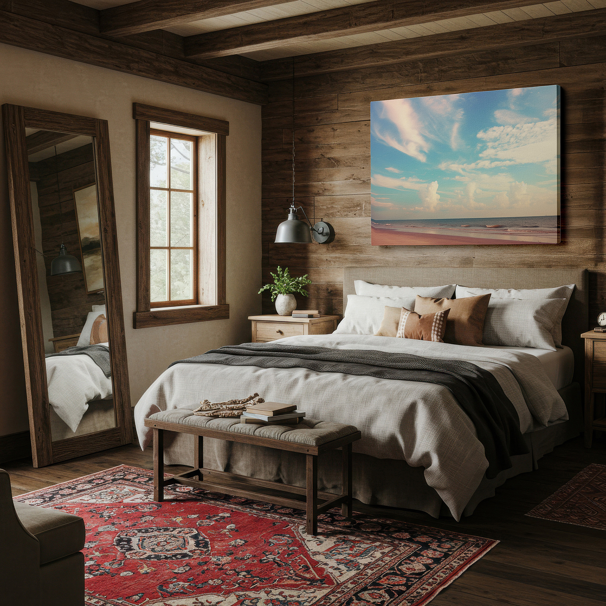 Displayed above a contemporary leather sofa in warm light — enchanted coastal dusk: a symphony of light and shadow - nature's splendor large wall art, canvas wall art, wall decor for office and bedroom