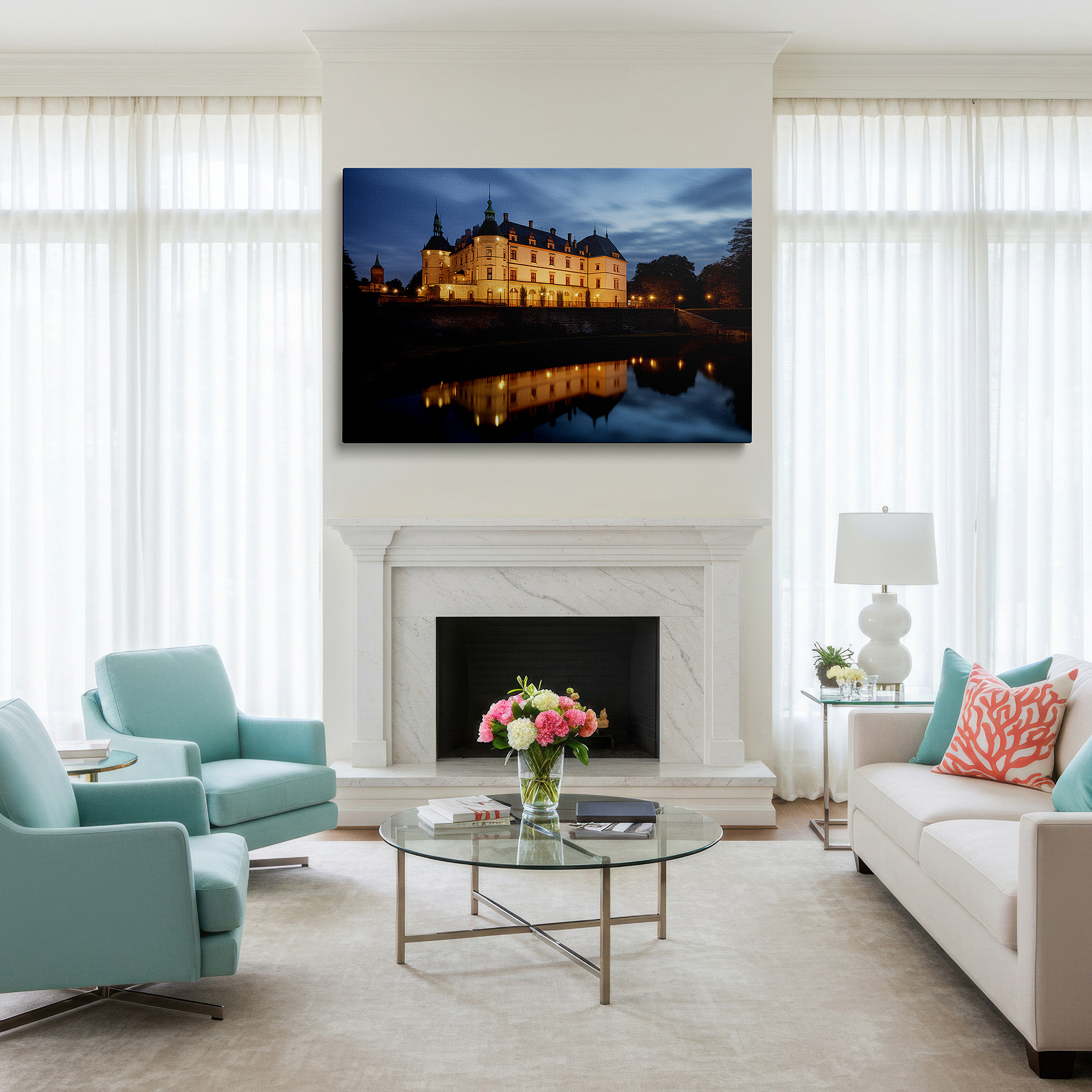 Displayed above a contemporary leather sofa in warm light — enchanted evening glow - majestic castle and golden reflections on serene waters large canvas wall art, office wall decor