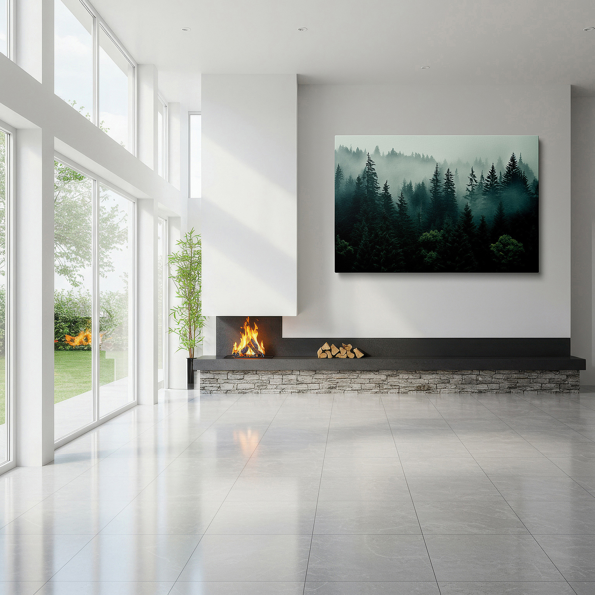Displayed above a contemporary leather sofa in warm light — enchanted evergreens in mist: a serene symphony of light and shadow - large wall art, canvas wall art, wall decor for office and bedroom