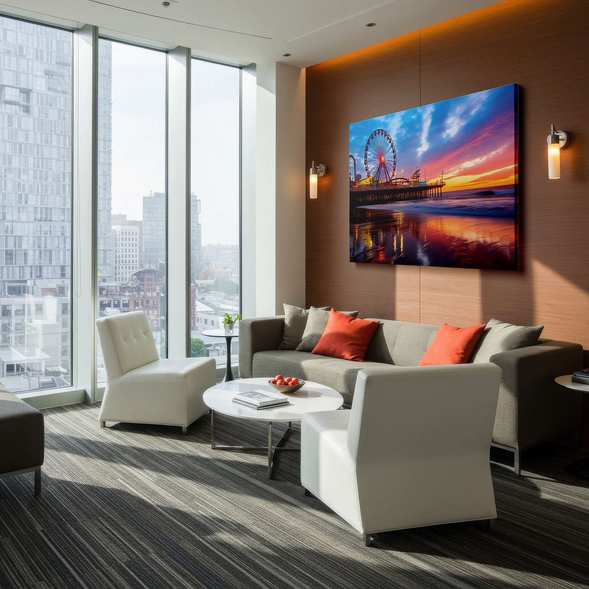 Displayed above a contemporary leather sofa in warm light — enchanted ferris wheel at sunset: a spectacle of lights and reflections - large canvas wall art for home and office decor
