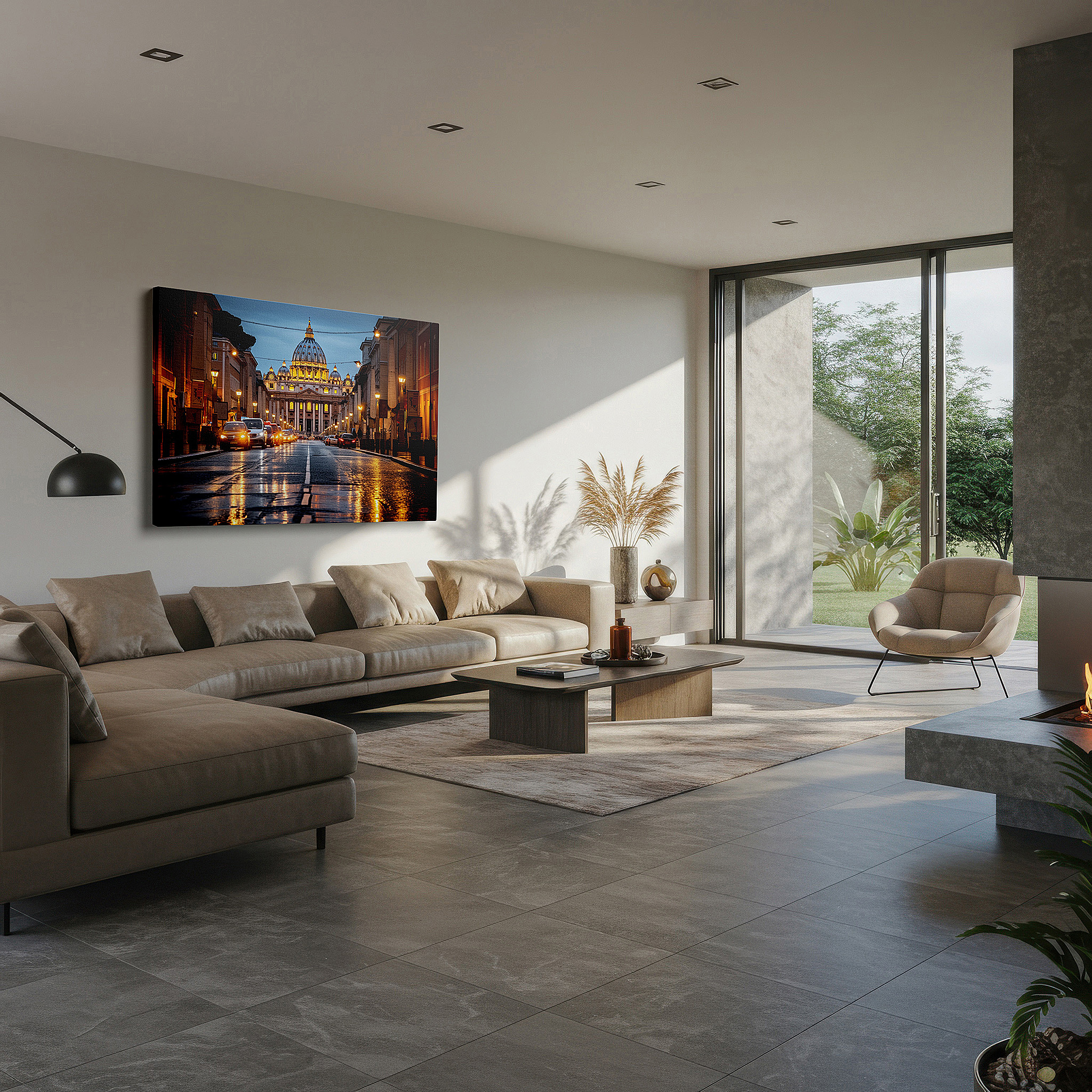 Displayed above a contemporary leather sofa in warm light — ethereal sunset at st. peter's basilica: a renaissance masterpiece as night falls - large canvas wall art decor