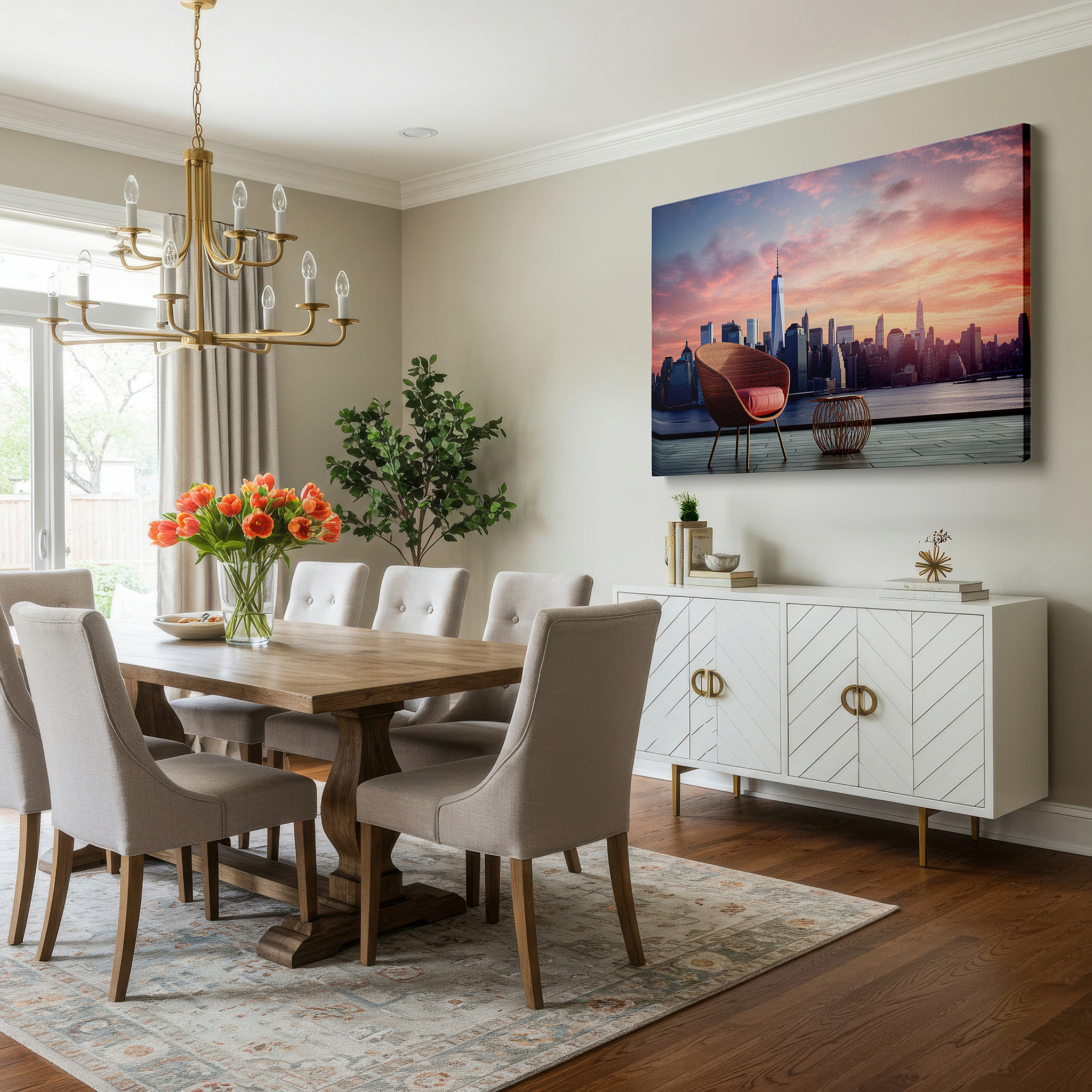 Displayed above a contemporary leather sofa in warm light — experience the serene elegance of urban life with this chic sunset cityscape featuring a modern chair - large canvas wall art perfect for office decor