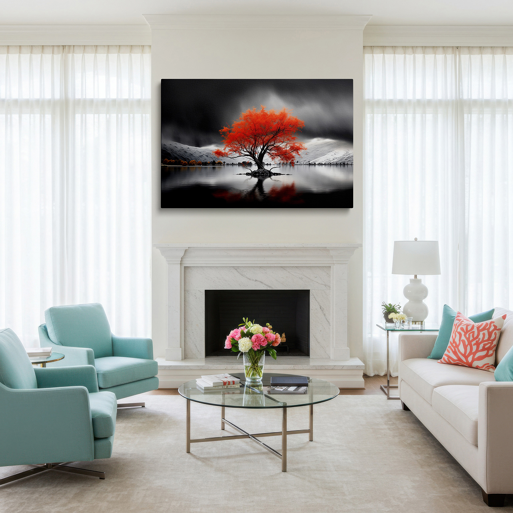 Displayed above a contemporary leather sofa in warm light — fiery autumn tree against stark mountains: a symbol of life's fragility and strength - large wall art, canvas print, home and office decor