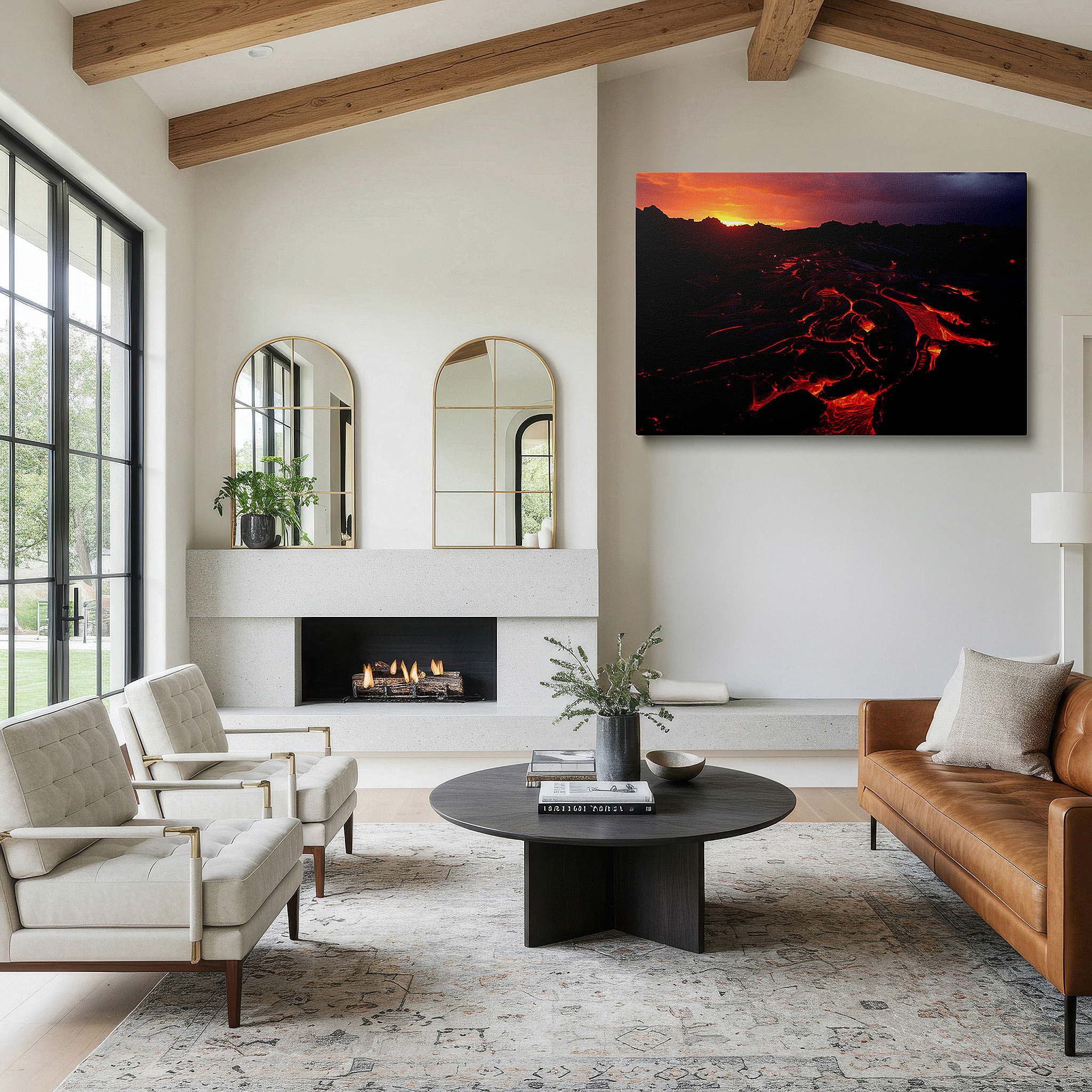 Displayed above a contemporary leather sofa in warm light — fiery skies and molten earth - a striking exhibition of nature's irresistible power and splendor large wall art, canvas wall art, wall decor, office art