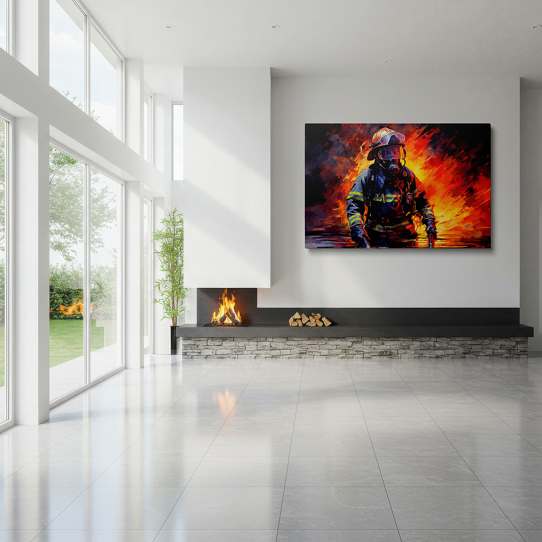 Displayed above a contemporary leather sofa in warm light — firefighter's bravery amidst flames large wall art, canvas decor for office, bedroom, and living room