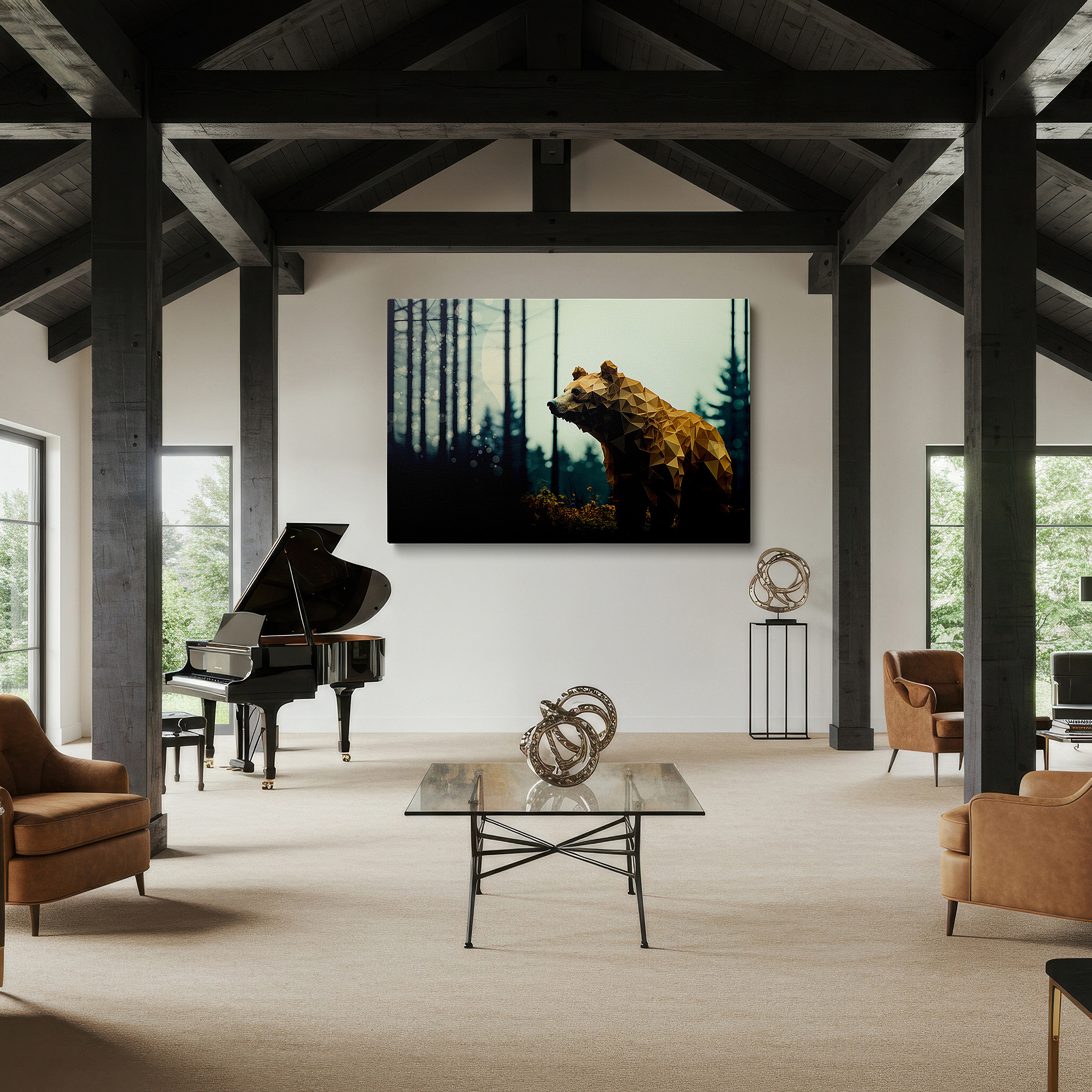 Displayed above a contemporary leather sofa in warm light — geometric bear in nature: a stunning blend of wildlife and creativity - large wall art, canvas wall art, wall decor for office and bedroom