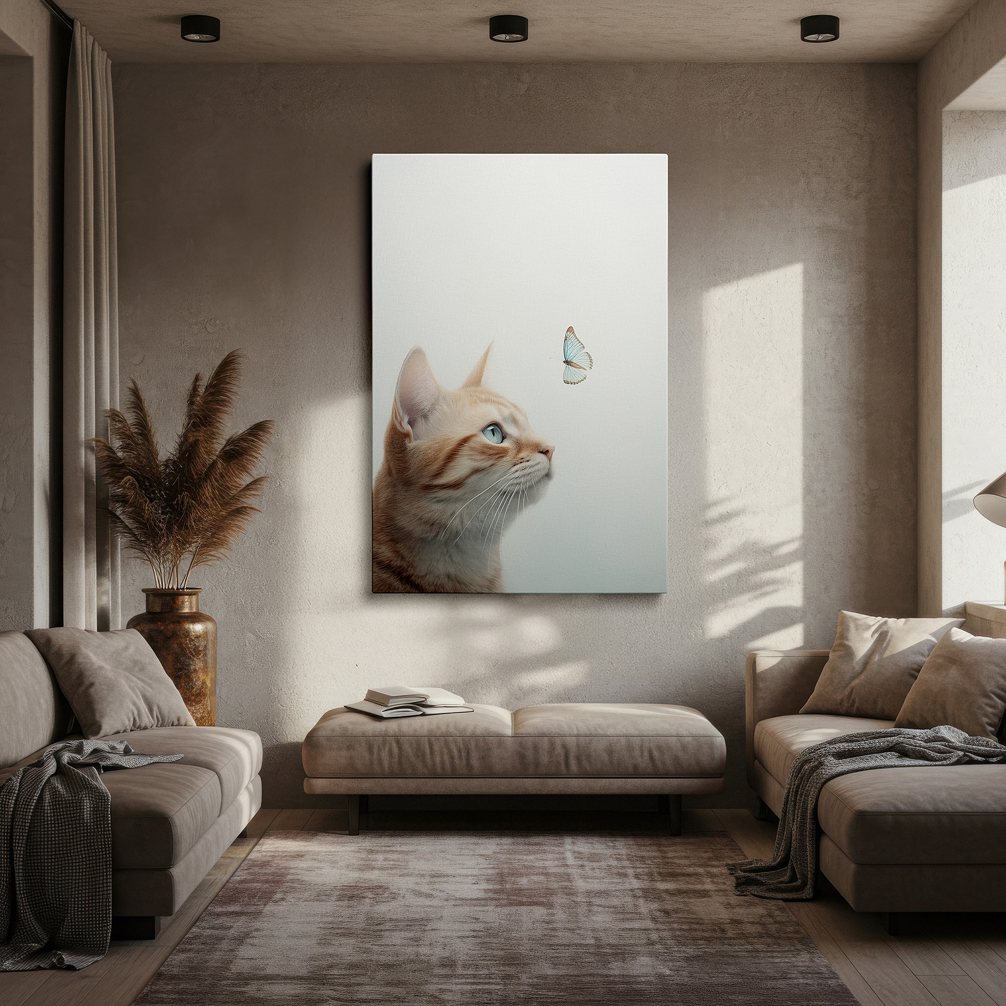 Displayed above a contemporary leather sofa in warm light — ginger cat captivated by butterfly in a serene light and delicate dance large wall art, canvas wall art, wall decor, office wall art, bedroom wall art