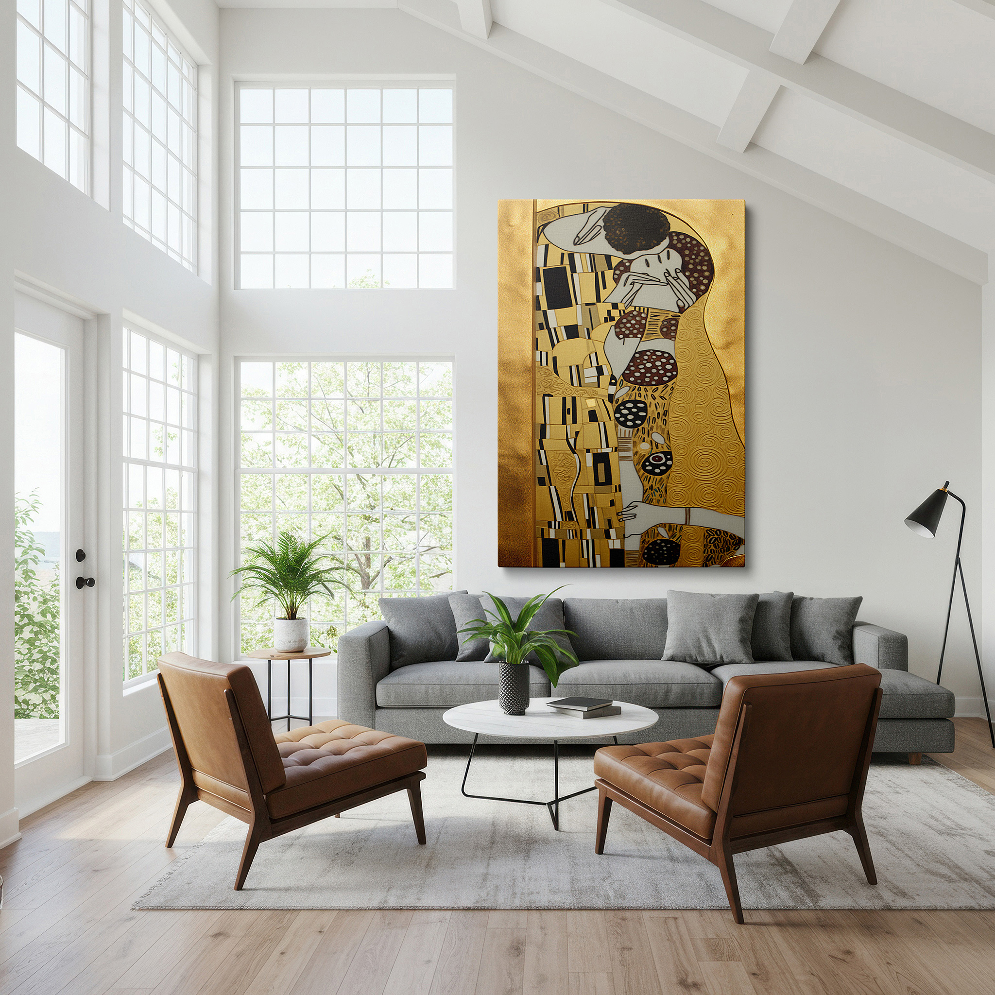 Displayed above a contemporary leather sofa in warm light — golden embrace of passion and unity large wall art in warm hues, canvas wall art for office, bedroom, and living room decor