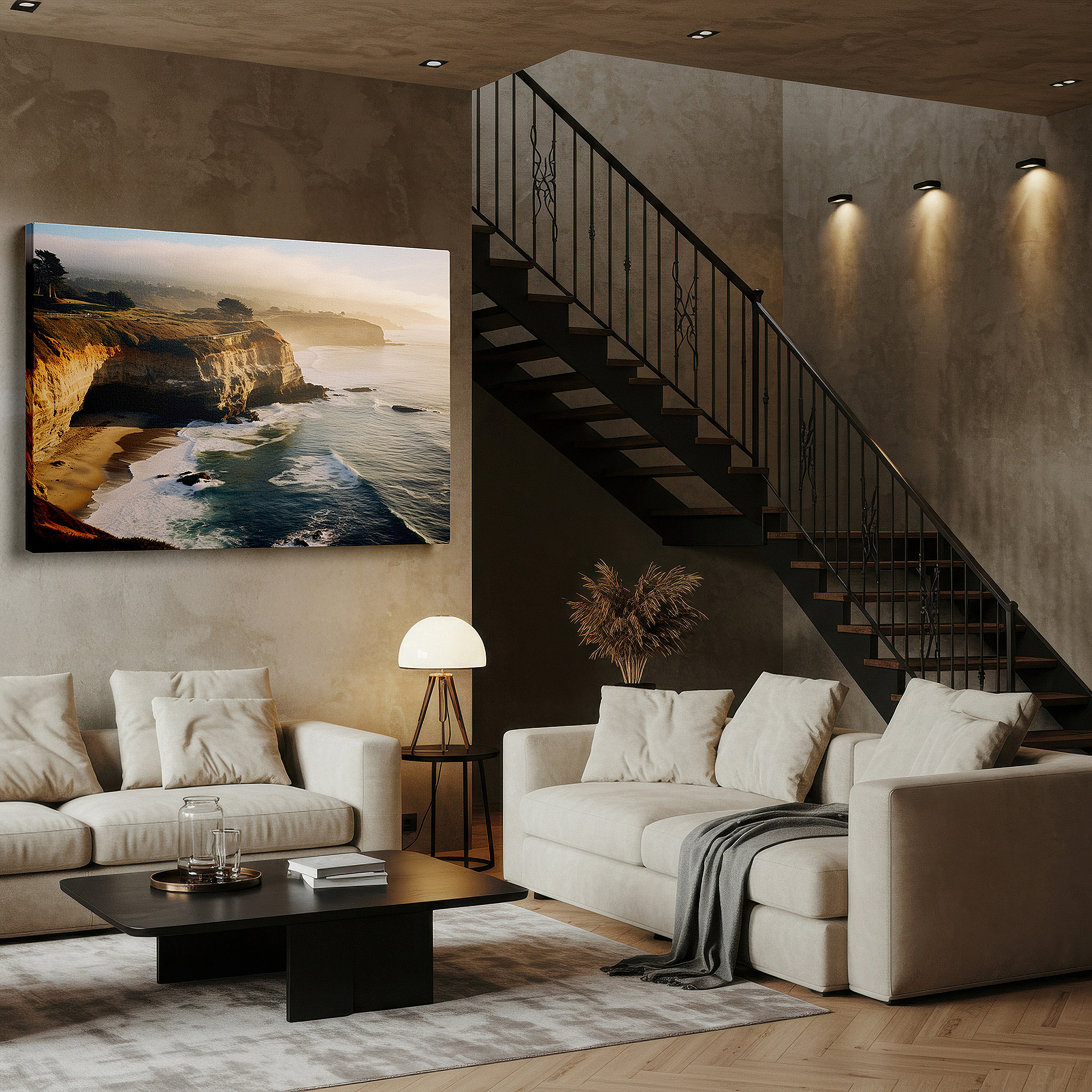 Displayed above a contemporary leather sofa in warm light — golden morning light on coastal cliffs: serene land and sea interaction large wall art, canvas wall art, wall decor, office wall art