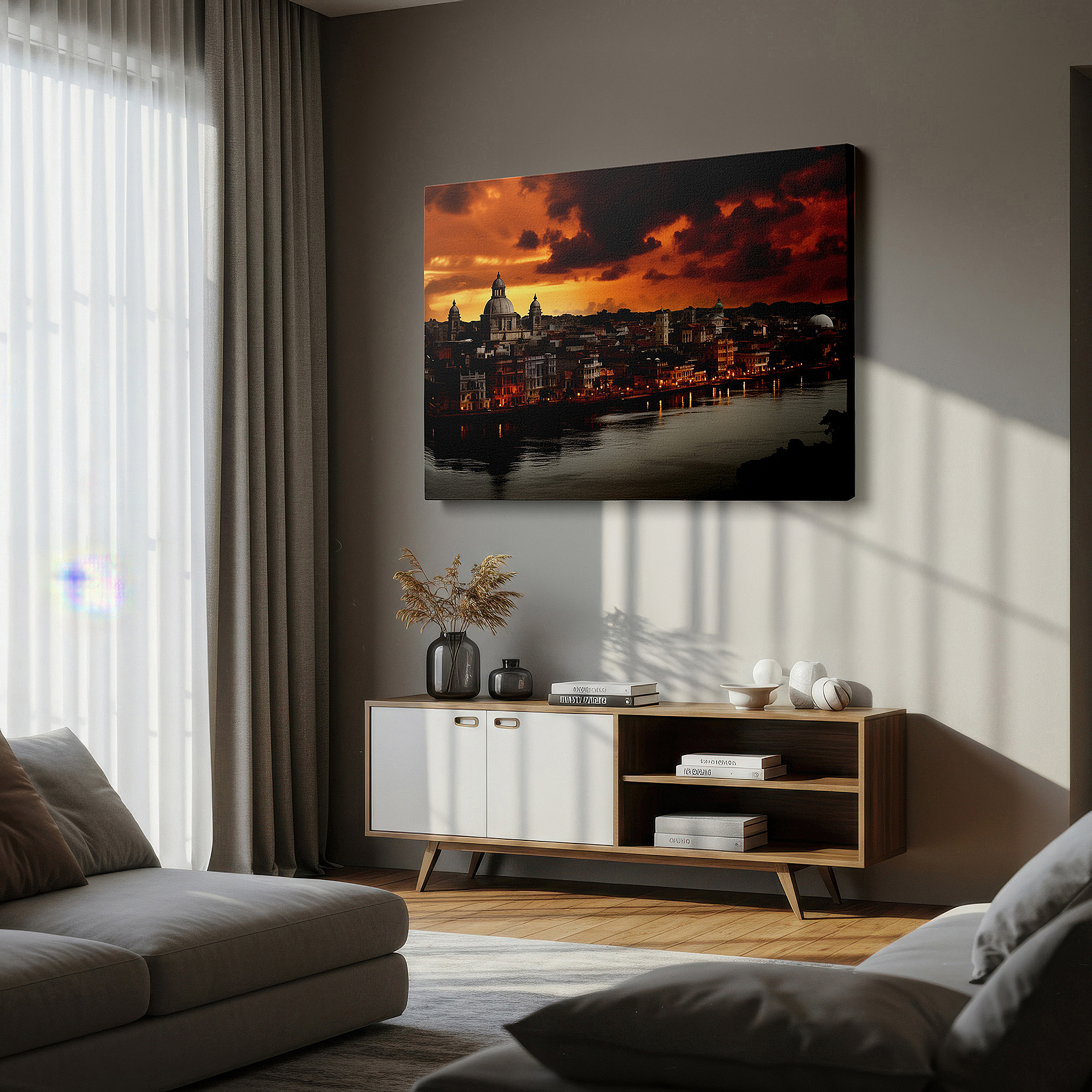Displayed above a contemporary leather sofa in warm light — golden sunset over historic cityscape wall art: a vivid interplay of light and architecture - large canvas wall art for home and office decor