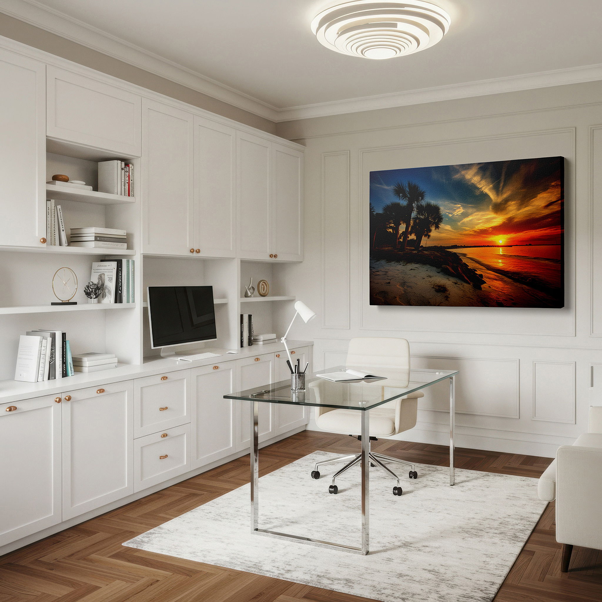 Displayed above a contemporary leather sofa in warm light — golden sunset and palm silhouettes serene beach large canvas wall art for office, bedroom, and living room decor