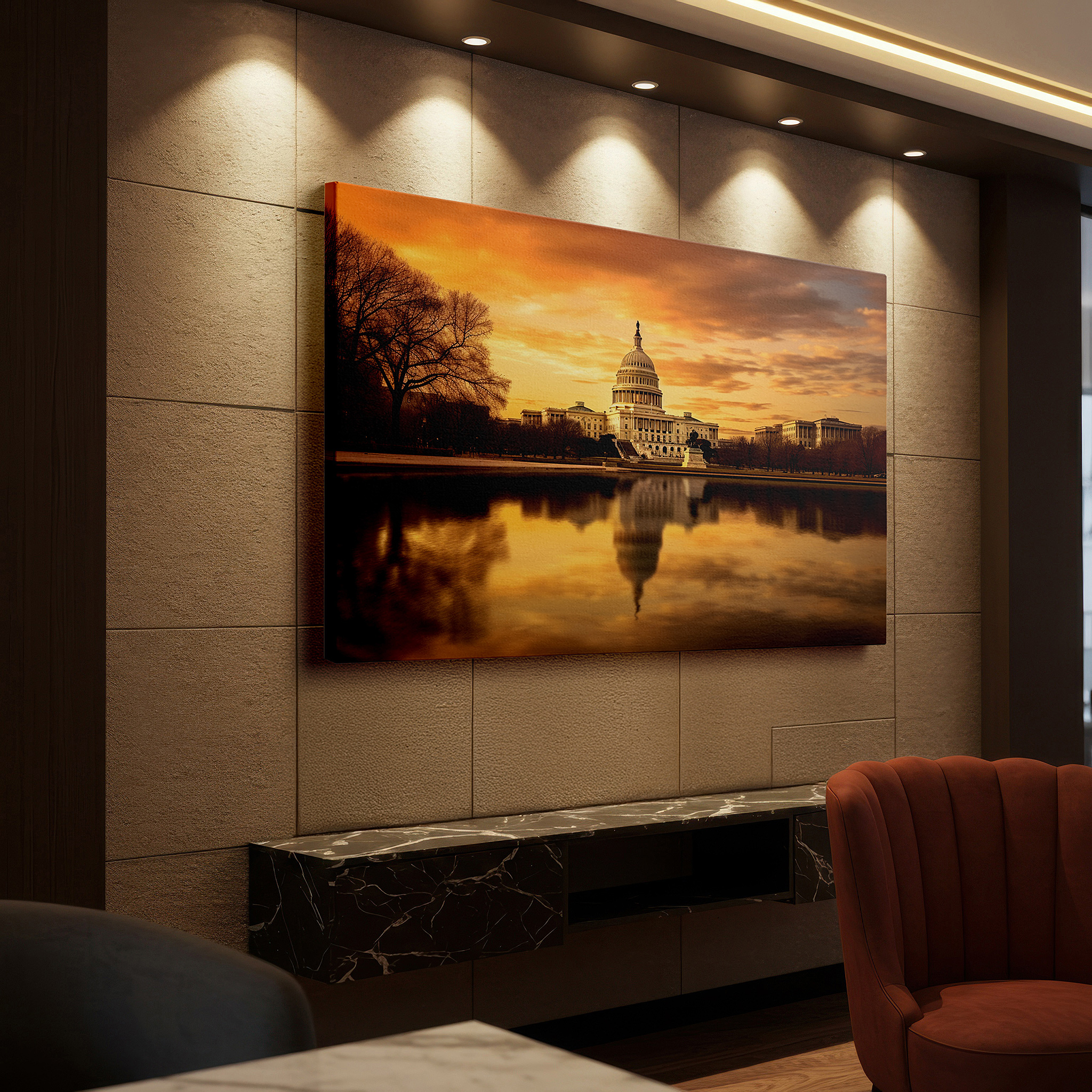 Displayed above a contemporary leather sofa in warm light — golden sunset at the u.s. capitol with the reflecting pool as a serene mirror, symbolizing the strength of democracy - large wall art, canvas wall art, wall decor