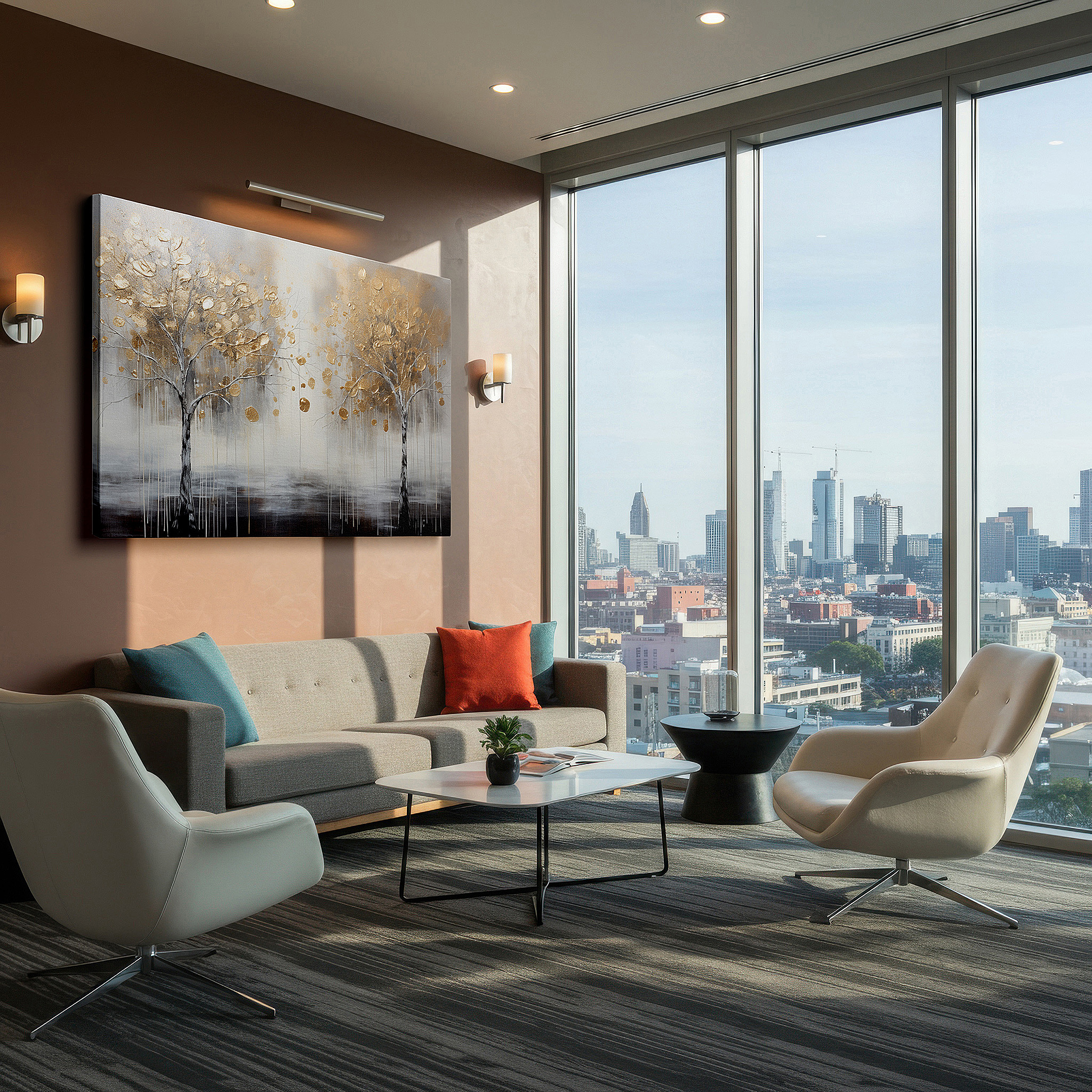 Displayed above a contemporary leather sofa in warm light — golden trees reaching towards the sky in a dreamlike, textured scenery large wall art, canvas wall art, wall decor for office and bedroom