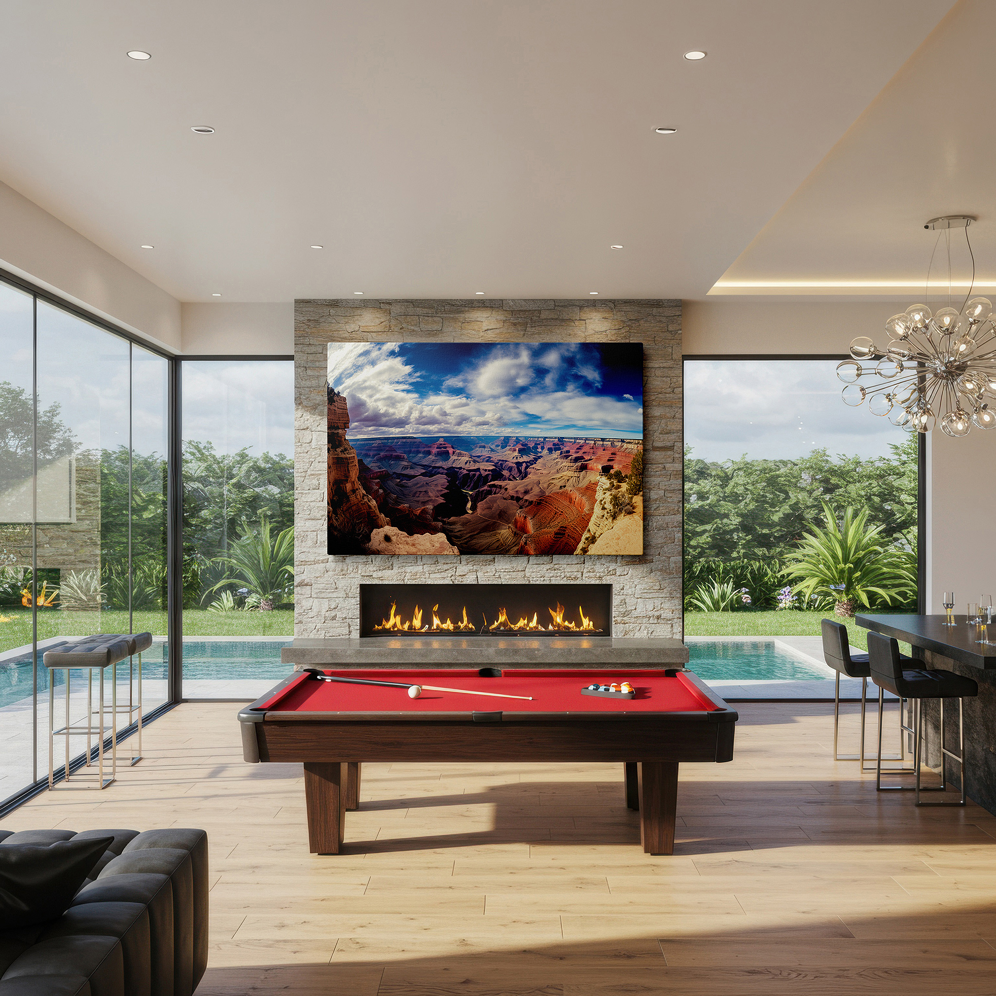 Displayed above a contemporary leather sofa in warm light — grand canyon inspired wall art: a panoramic homage to nature's endurance and splendor - ideal for home and office decor, including large canvas prints
