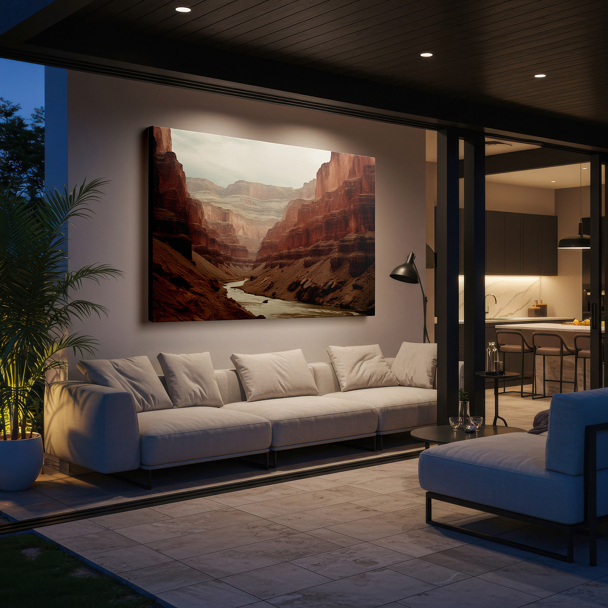 Displayed above a contemporary leather sofa in warm light — grand canyon splendor - soaring cliffs and serene river highlight the eternal beauty of nature large wall art, canvas wall art, wall decor, office wall art
