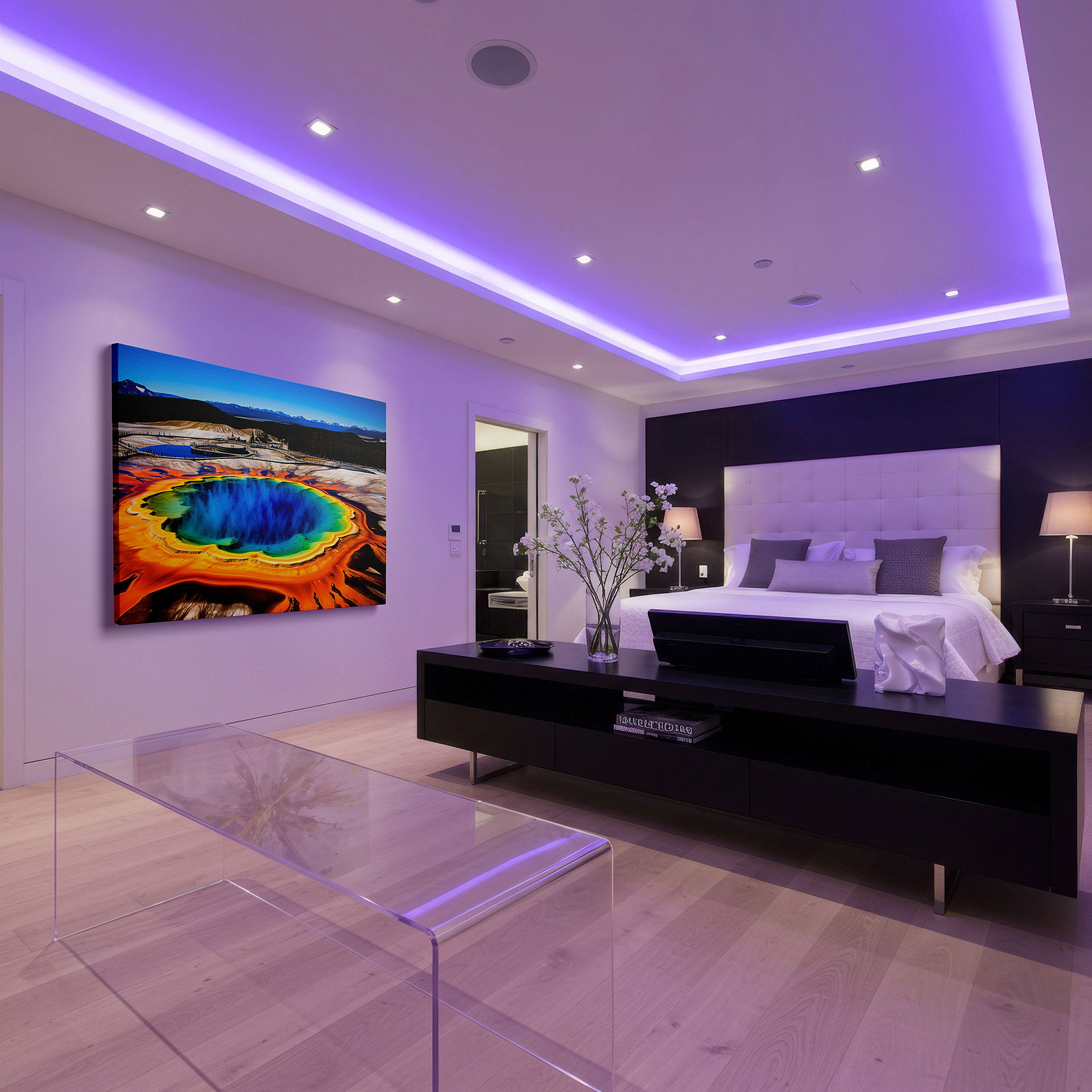 Displayed above a contemporary leather sofa in warm light — grand prismatic spring aerial view: yellowstone's colorful natural palette - large canvas wall art for home and office decor