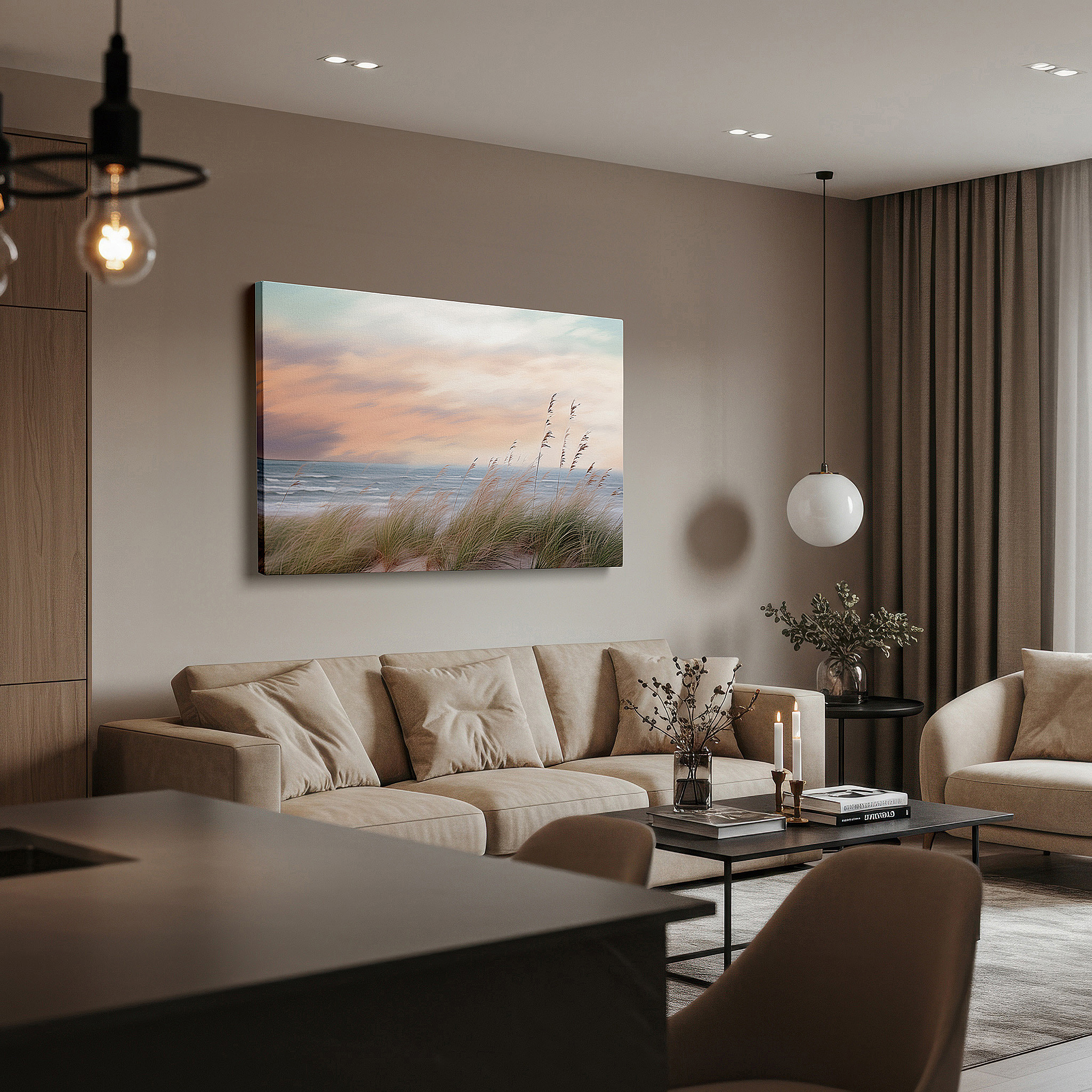 Displayed above a contemporary leather sofa in warm light — grassy seaside dunes at twilight: tranquil nature masterpiece - large canvas wall art for office and bedroom decor
