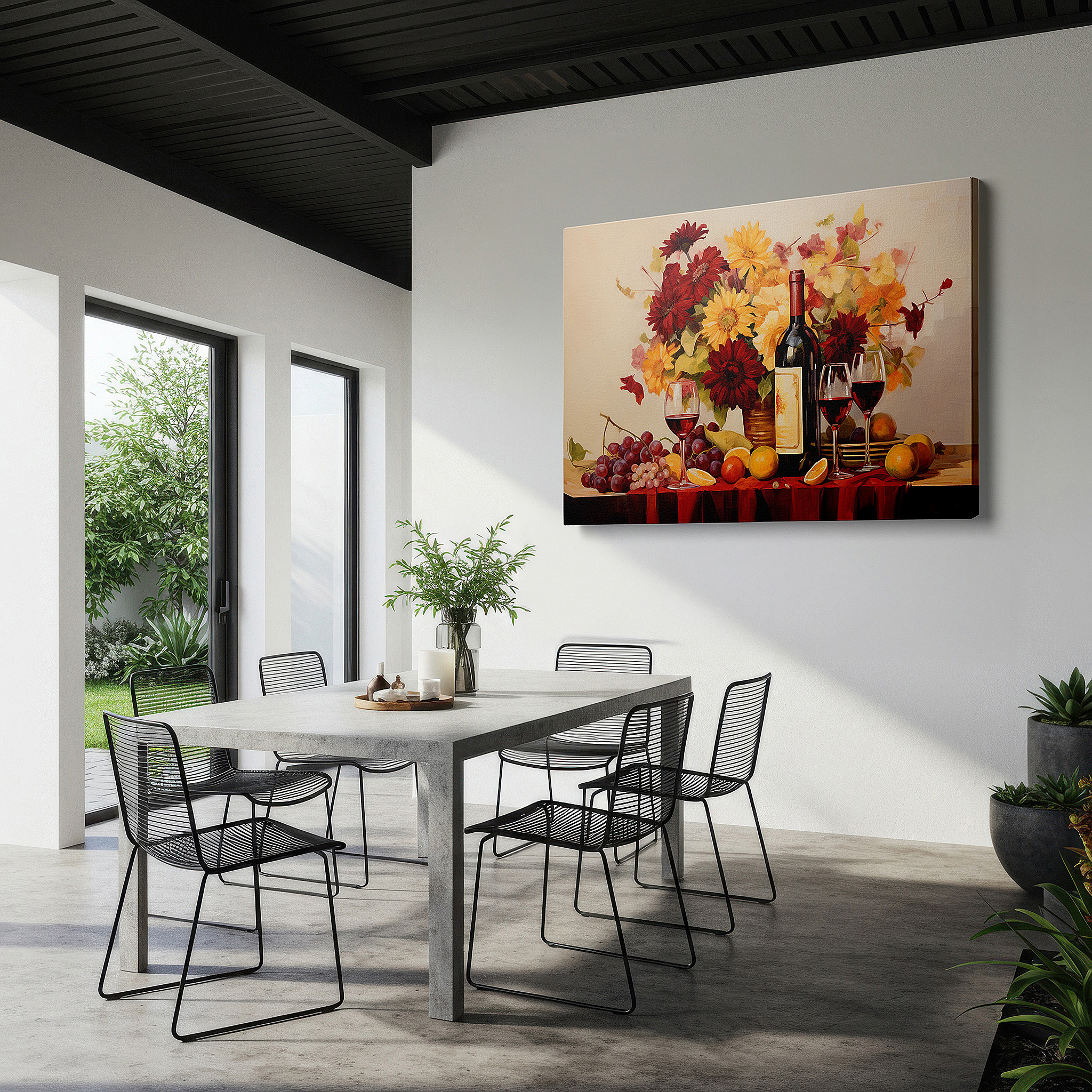 Displayed above a contemporary leather sofa in warm light — joyful celebration of life with wine, fruit, and flowers: large canvas wall art for home and office decor