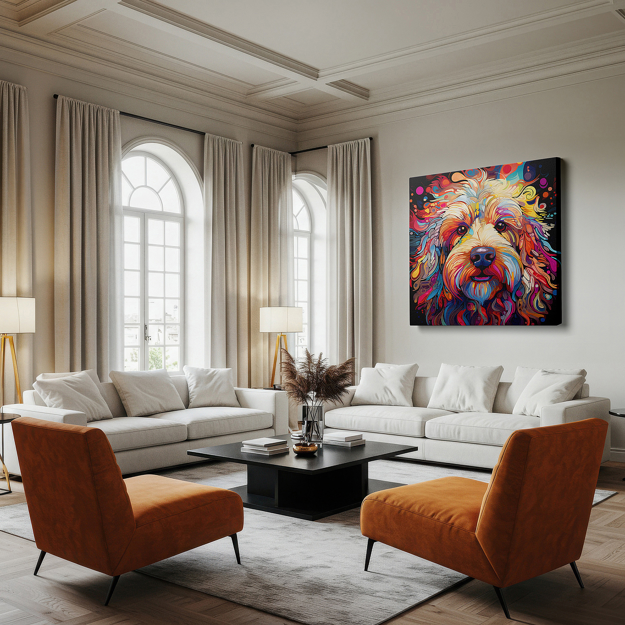 Displayed above a contemporary leather sofa in warm light — joyful and vibrant dog portrait: large canvas wall art for home and office decor