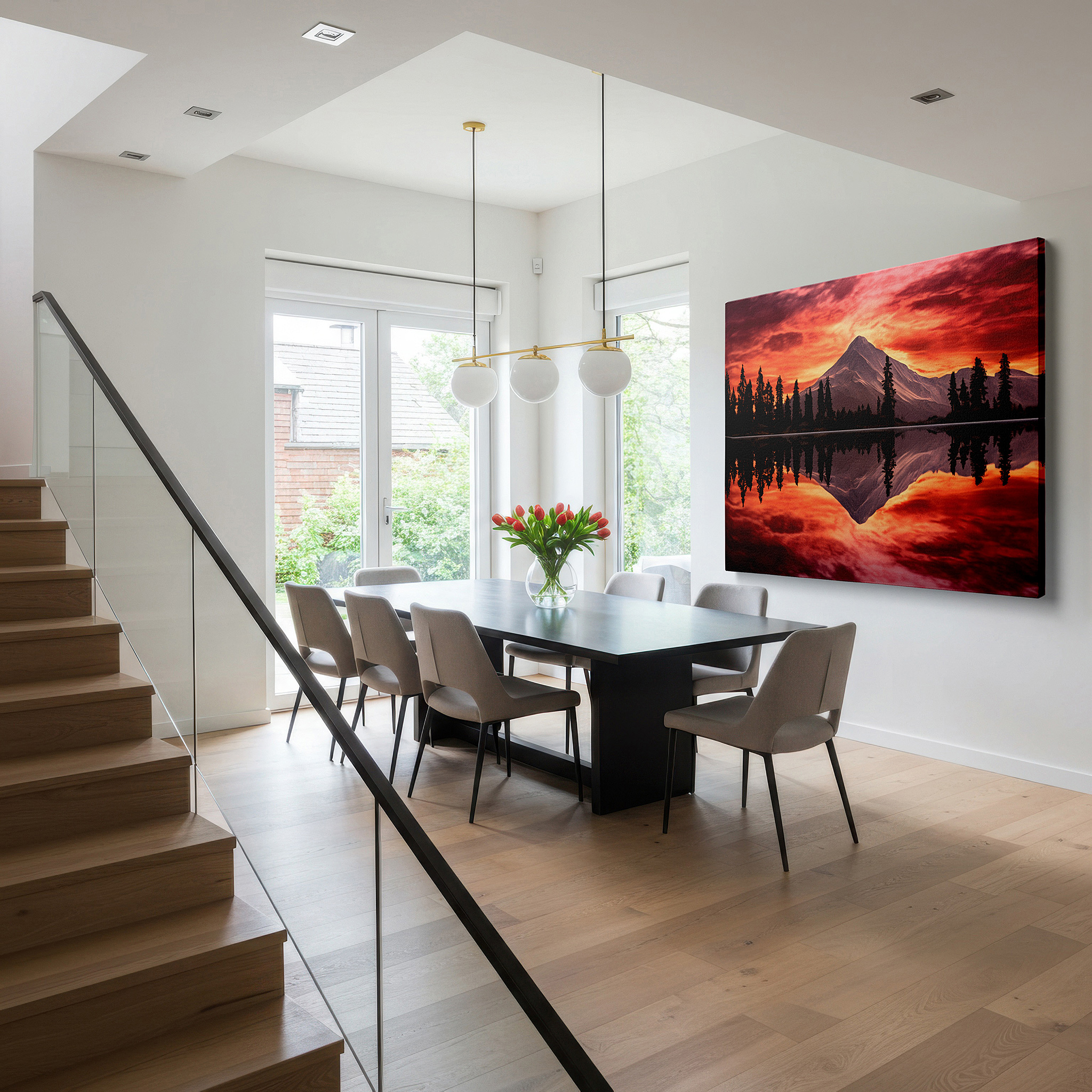 Displayed above a contemporary leather sofa in warm light — majestic mountain sunset reflections on tranquil waters - large canvas wall art for office, bedroom, and living room decor