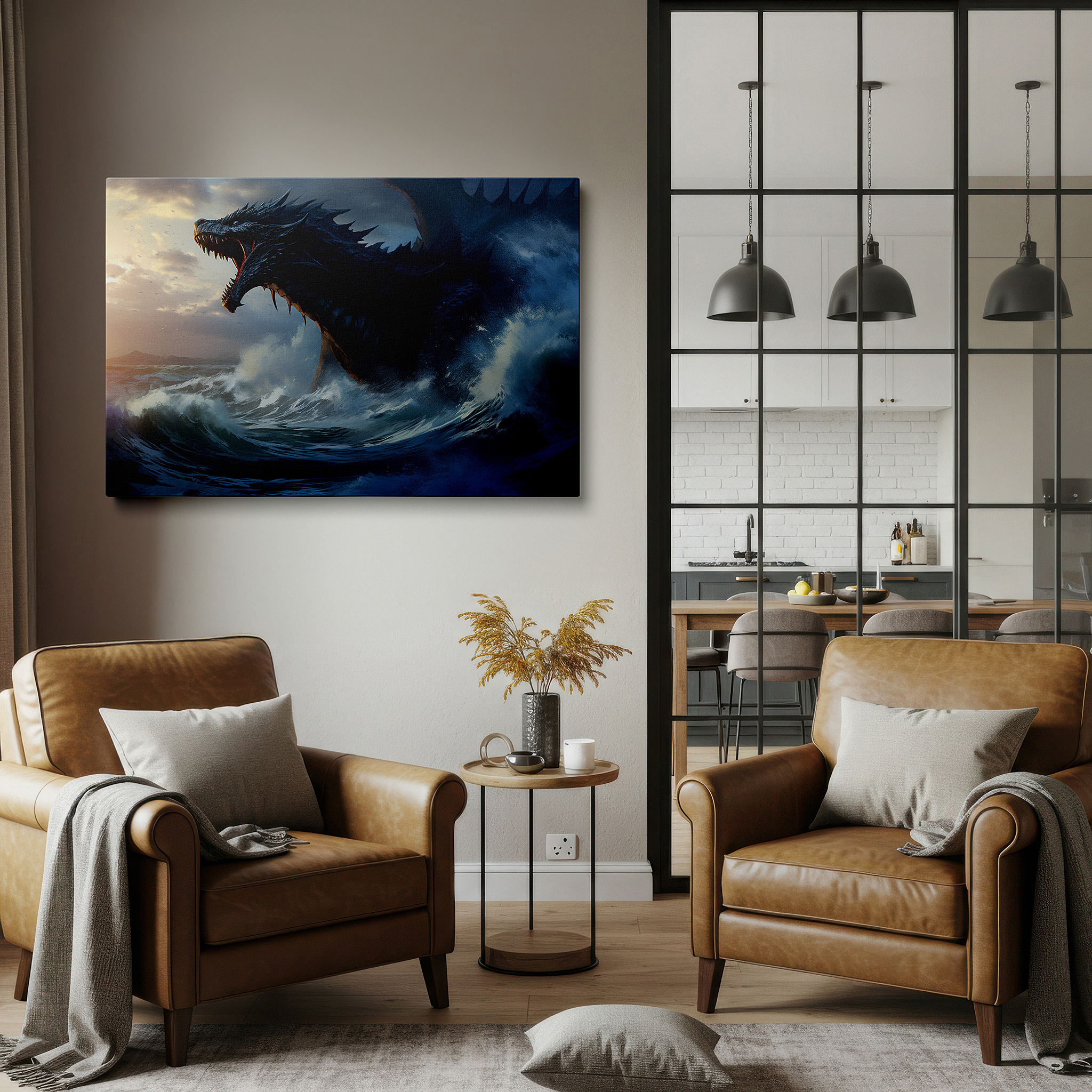 Displayed above a contemporary leather sofa in warm light — majestic sea creature emerging from the ocean under twilight skies - large canvas wall art for office and bedroom decor