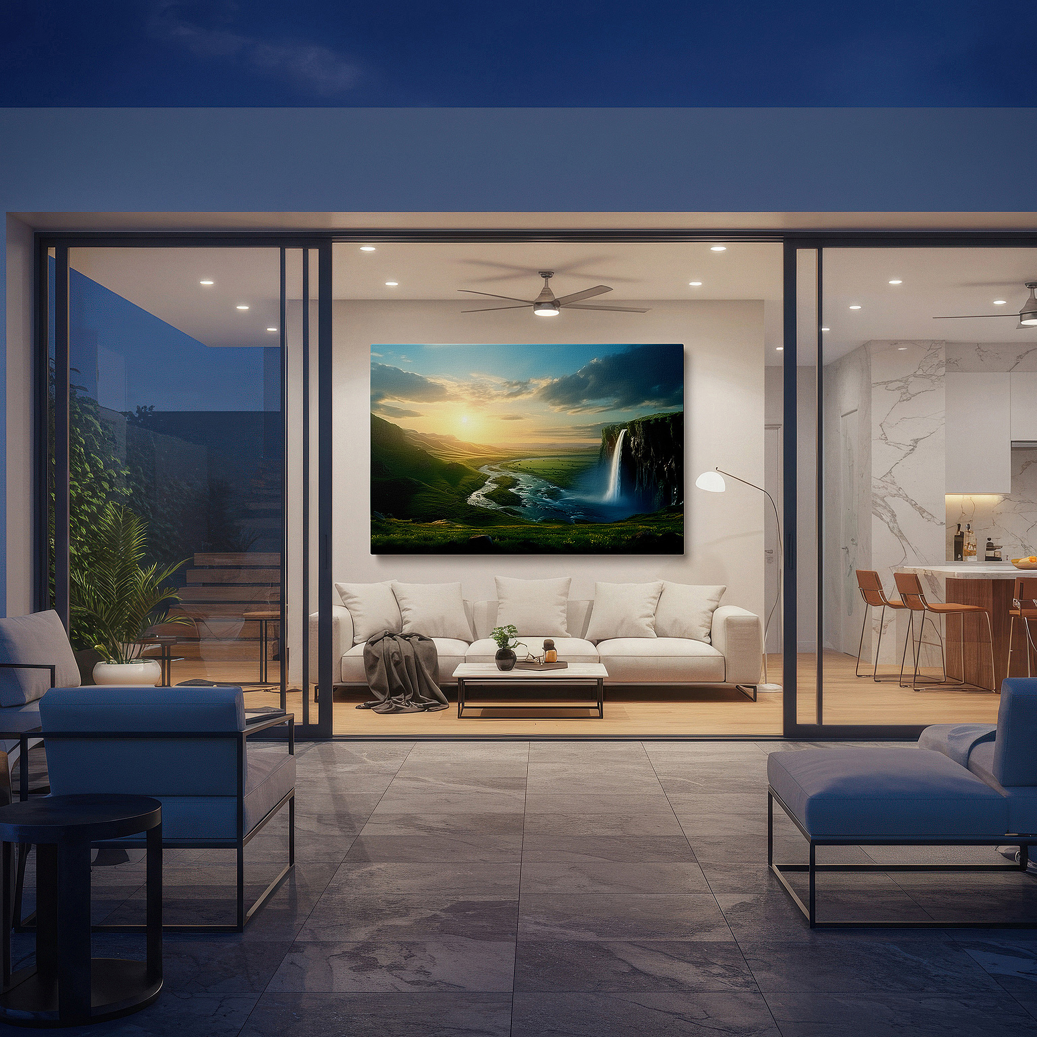 Displayed above a contemporary leather sofa in warm light — majestic waterfall and peaceful river in a lush valley large wall art, canvas wall art, wall decor for office, bedroom, and living room