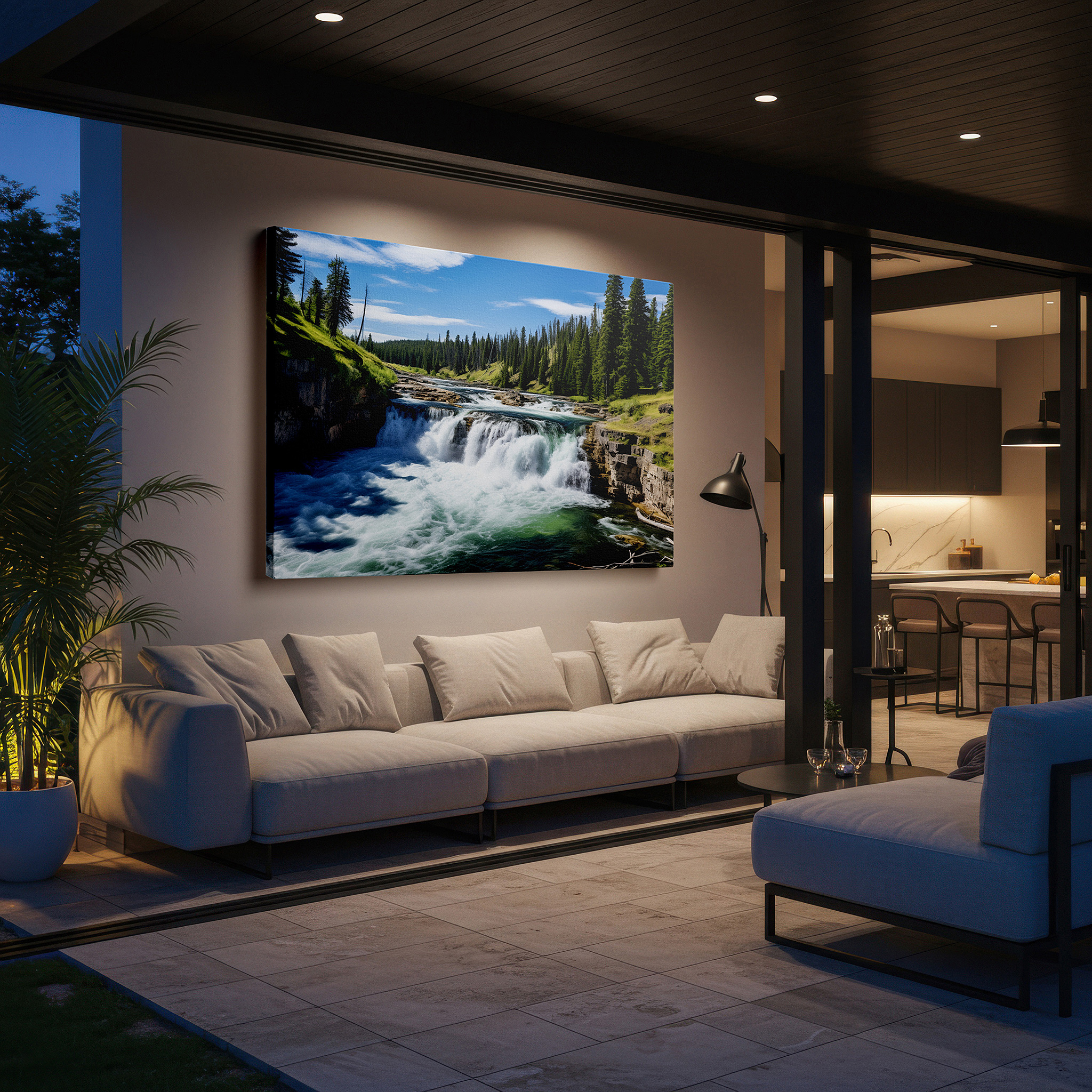 Displayed above a contemporary leather sofa in warm light — majestic waterfall and serene pool canvas wall art surrounded by lush greenery for office, living room, and bedroom decor