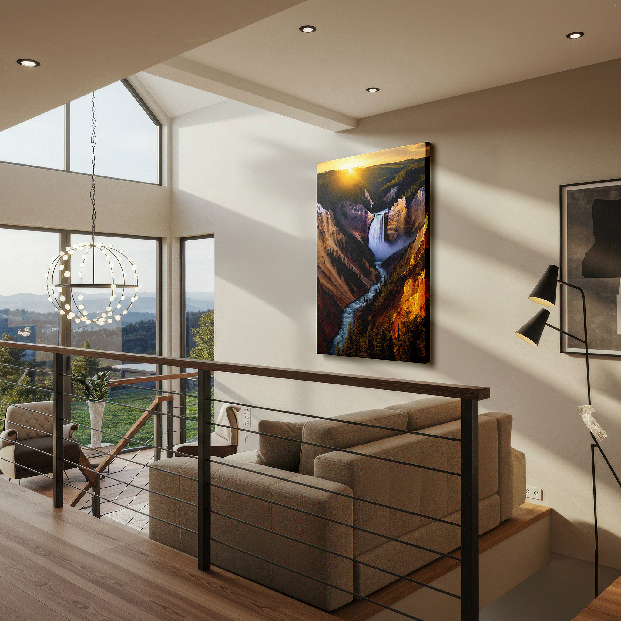 Displayed above a contemporary leather sofa in warm light — majestic waterfall at sunset canvas print - ideal for office, living room, or bedroom wall decor