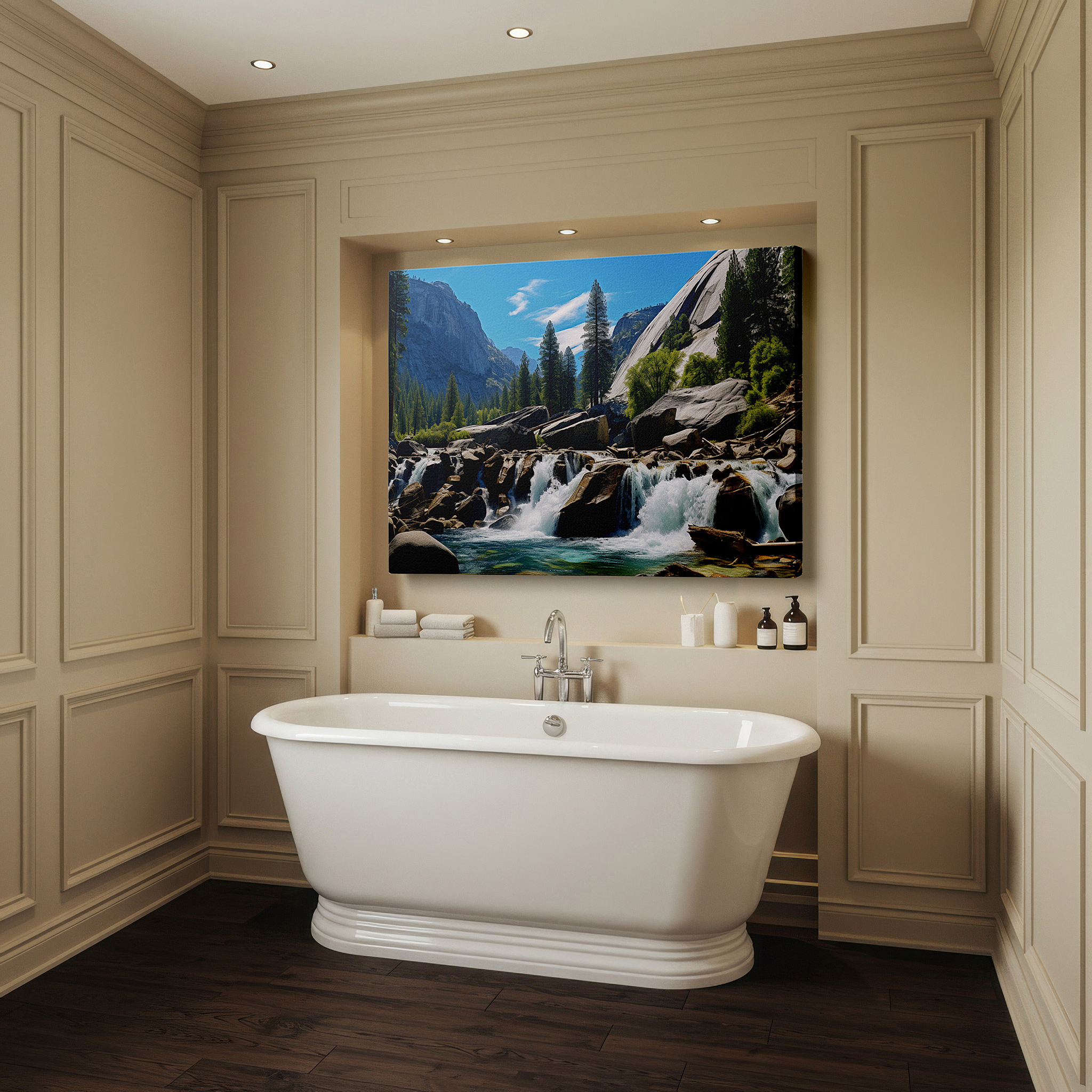 Displayed above a contemporary leather sofa in warm light — majestic waterfall surrounded by lush green peaks under a bright blue sky large wall art, canvas wall art, wall decor for office and bedroom