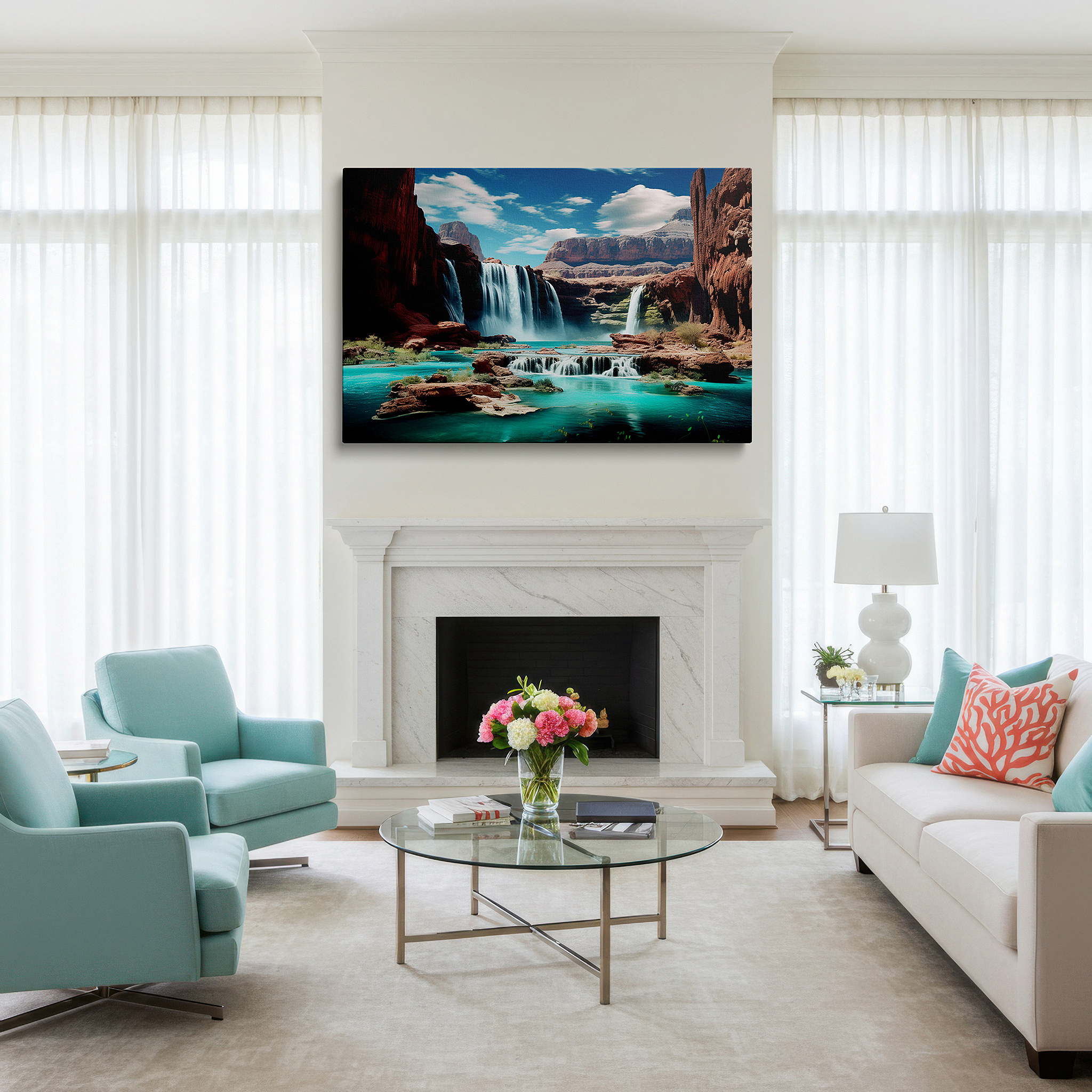 Displayed above a contemporary leather sofa in warm light — majestic waterfalls and turquoise pool surrounded by lush greenery and rugged cliffs large wall art, canvas wall art, wall decor for office and bedroom