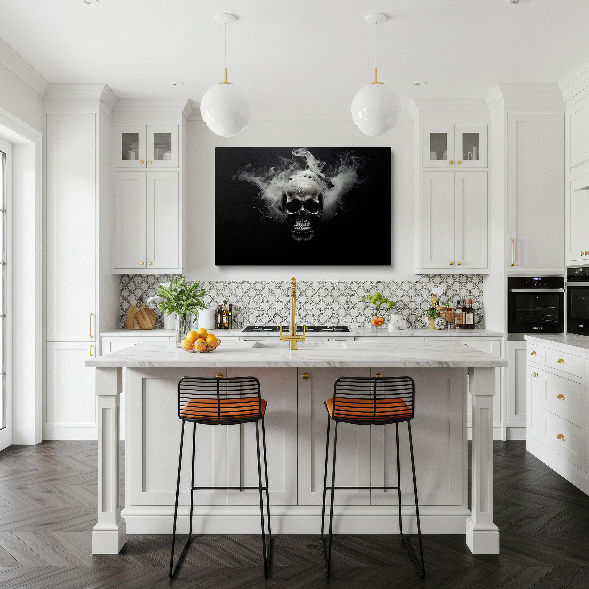 Displayed above a contemporary leather sofa in warm light — metallic skull emerging from the abyss surrounded by swirling smoke: a meditation on mortality and time - large canvas wall art for home and office decor