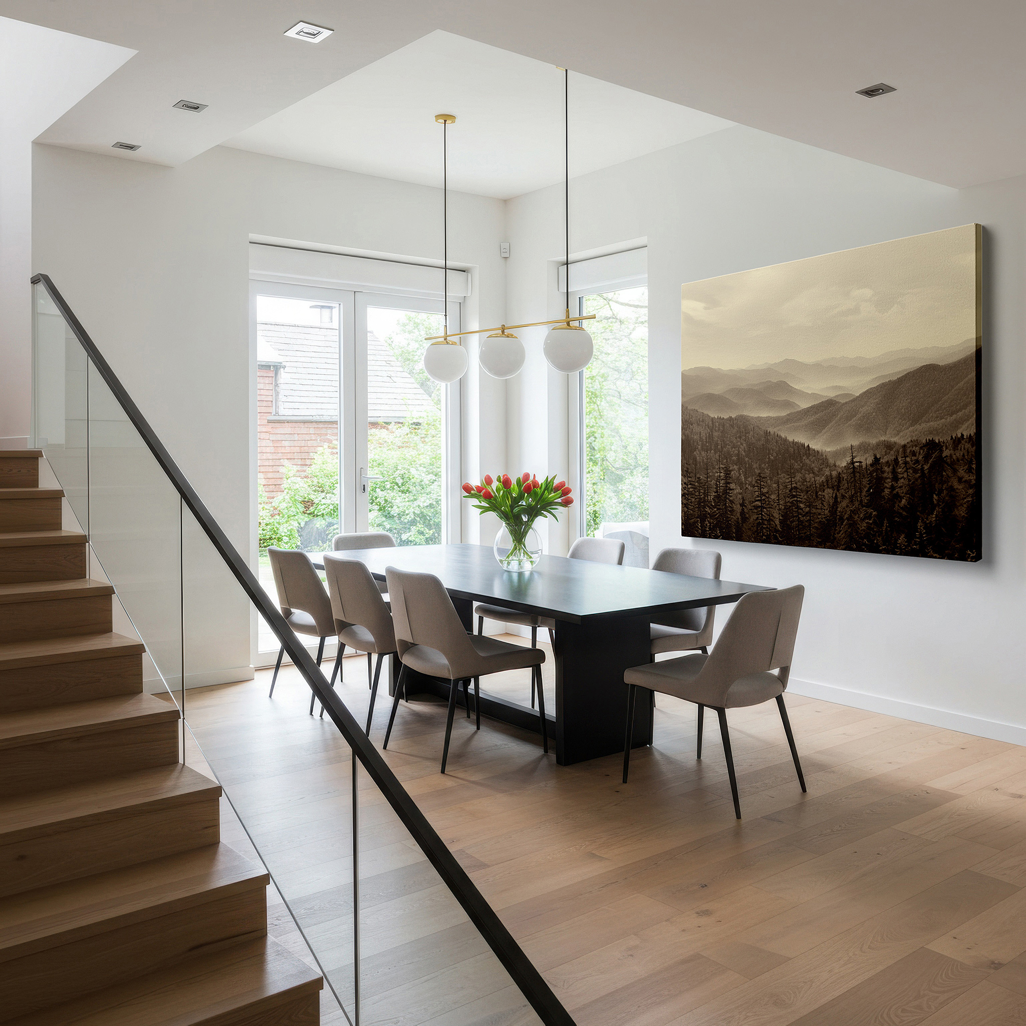 Displayed above a contemporary leather sofa in warm light — misty ethereal mountains, tranquil panoramic large wall art for serene spaces, canvas wall art, wall decor for office and bedroom
