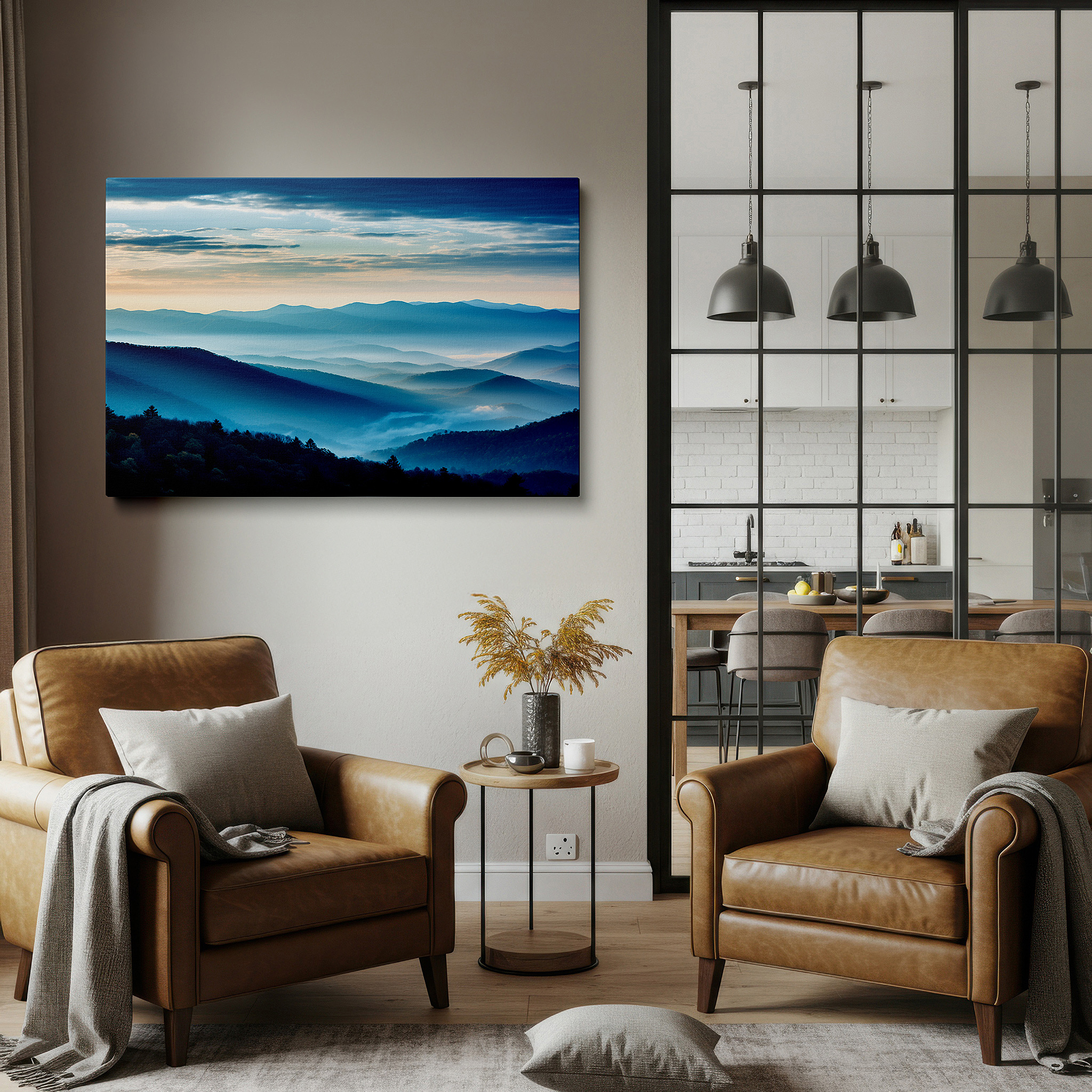 Displayed above a contemporary leather sofa in warm light — misty mountain blues at ethereal dawn: tranquil nature escape large canvas wall art for office and bedroom decor