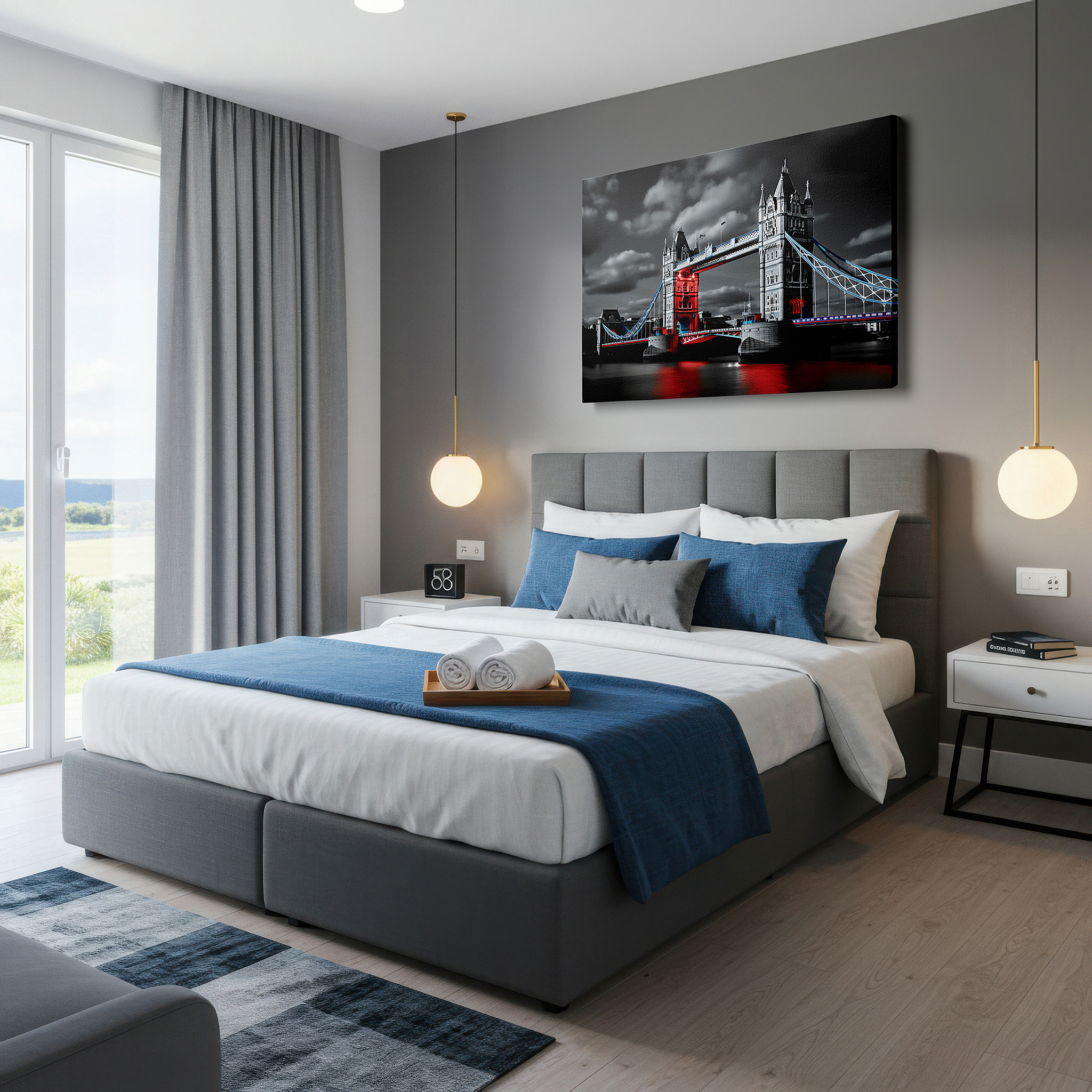 Displayed above a contemporary leather sofa in warm light — monochrome tower bridge with red accents - blending historical charm and contemporary style, large canvas wall art for office decor